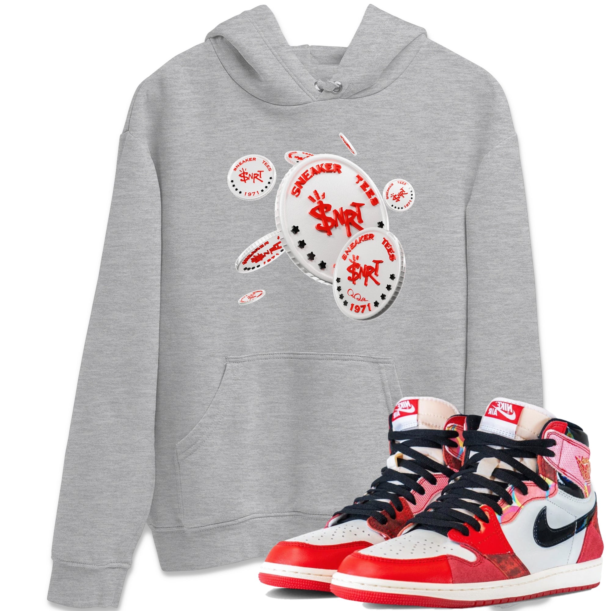 Air Jordan 1 Spider Man Sneaker Match Tees Coin Drop Sneaker Release Tees AJ1 Spider Man Sneaker Release Tees Unisex Shirts Heather Grey 1