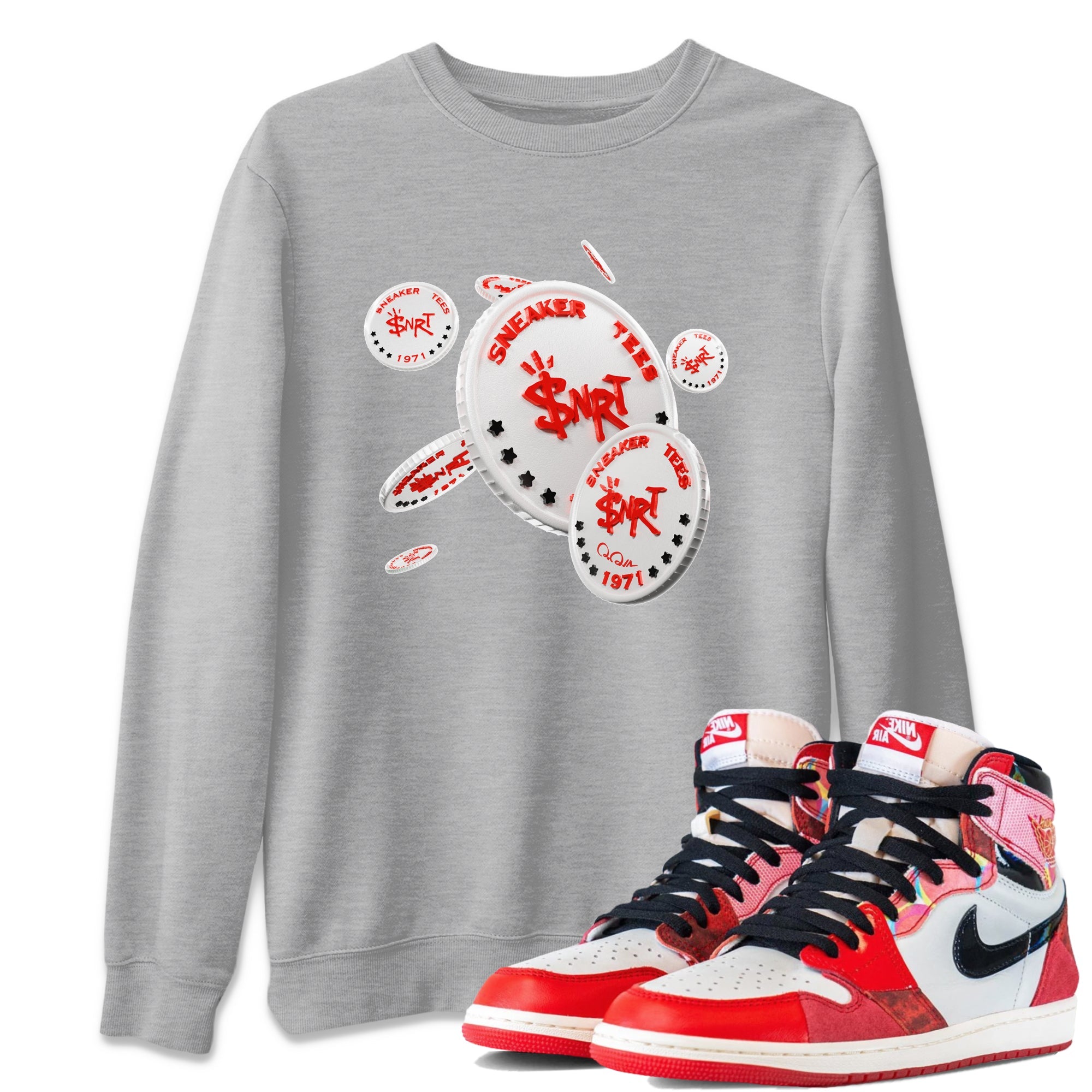 Air Jordan 1 Spider Man Sneaker Match Tees Coin Drop Sneaker Release Tees AJ1 Spider Man Sneaker Release Tees Unisex Shirts Heather Grey 1