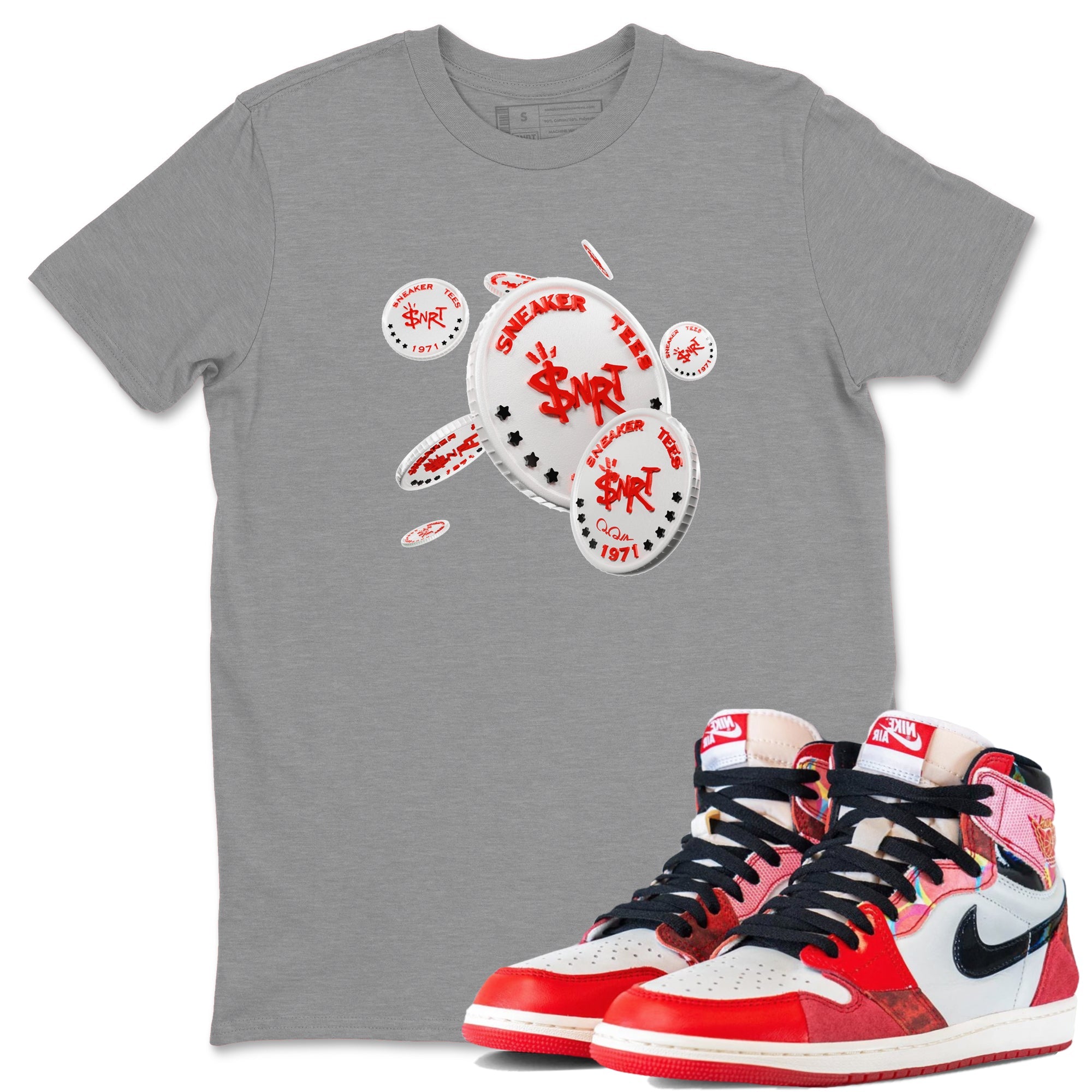 Air Jordan 1 Spider Man Sneaker Match Tees Coin Drop Sneaker Release Tees AJ1 Spider Man Sneaker Release Tees Unisex Shirts Heather Grey 1