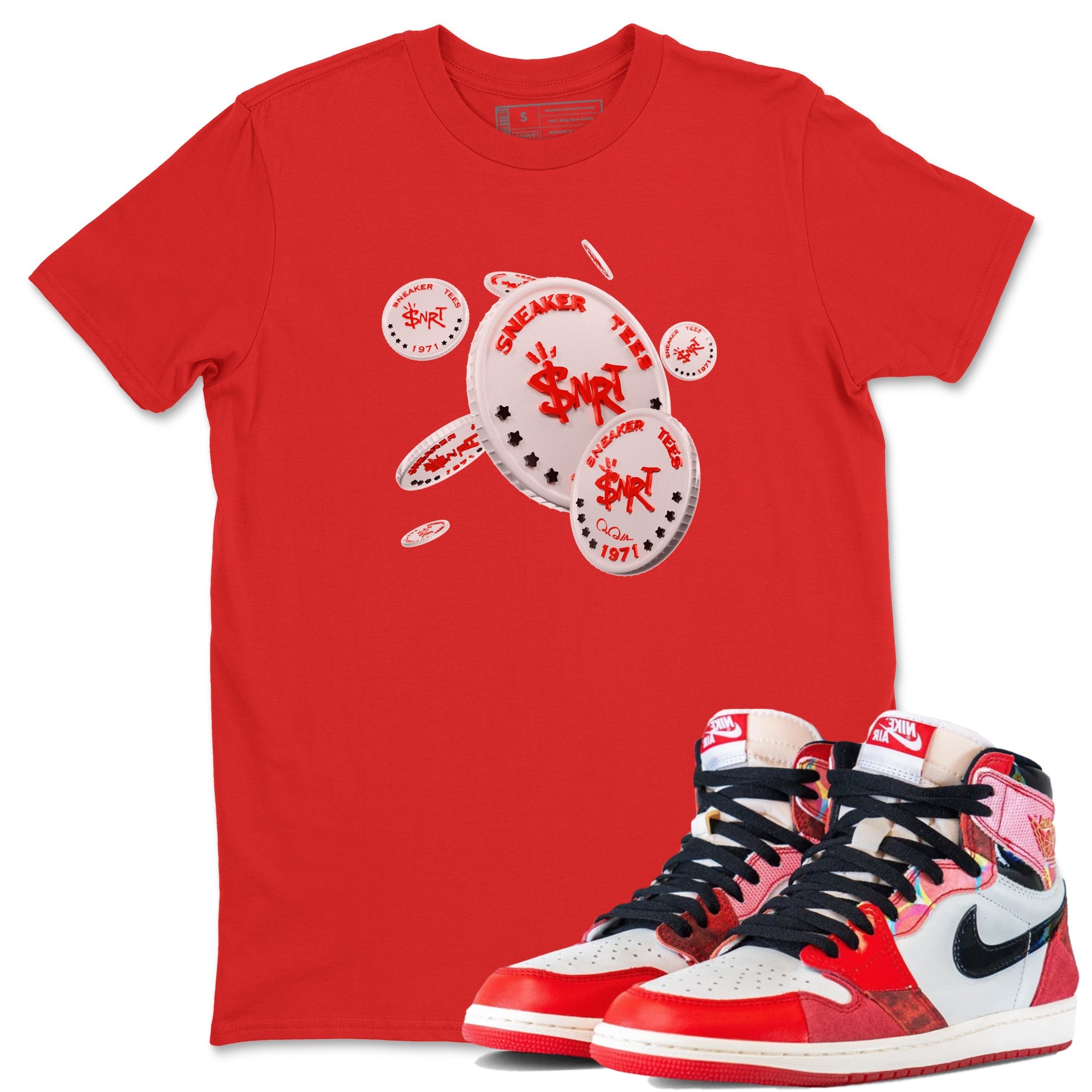 Air Jordan 1 Spider Man Sneaker Match Tees Coin Drop Sneaker Release Tees AJ1 Spider Man Sneaker Release Tees Unisex Shirts Red 1
