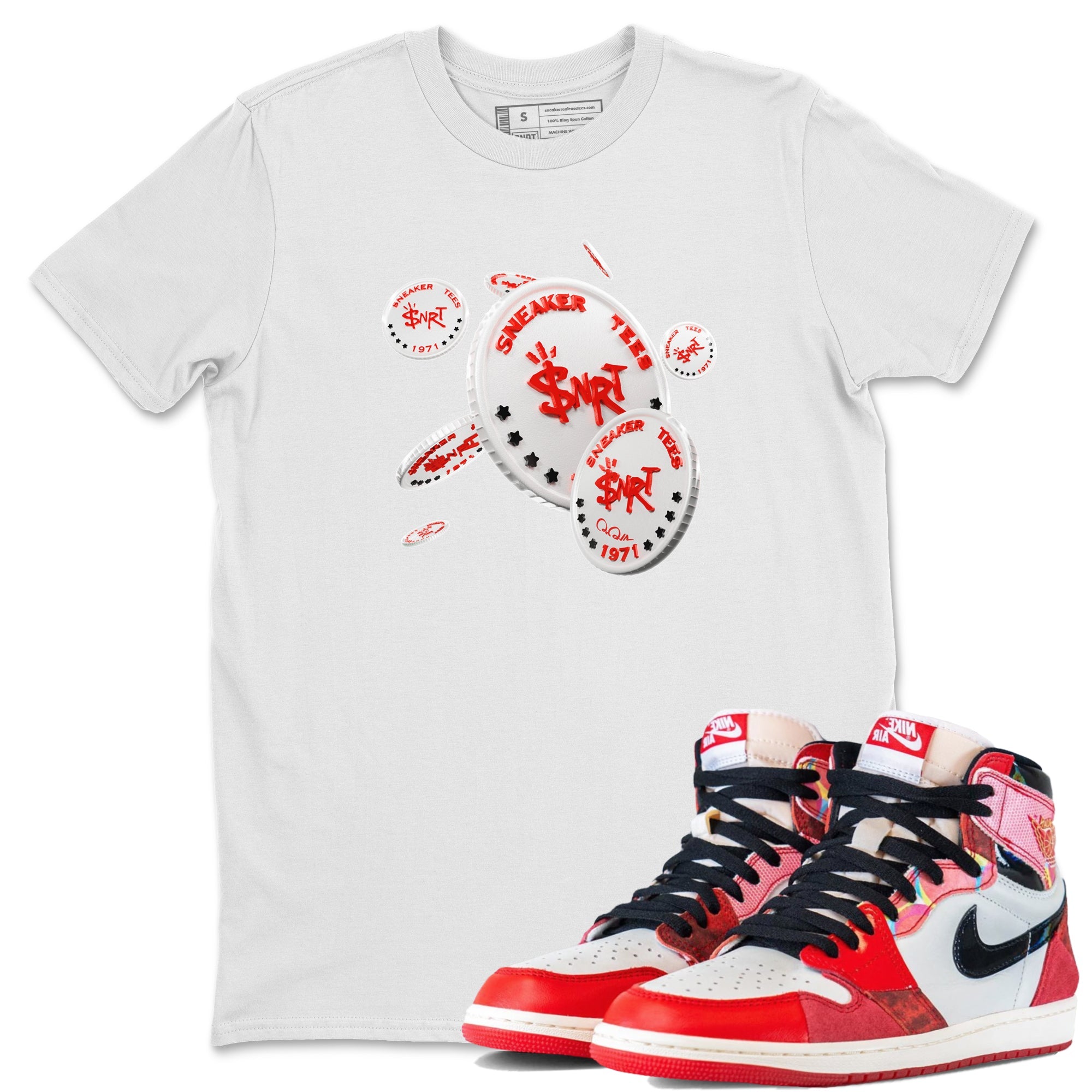 Air Jordan 1 Spider Man Sneaker Match Tees Coin Drop Sneaker Release Tees AJ1 Spider Man Sneaker Release Tees Unisex Shirts White 1