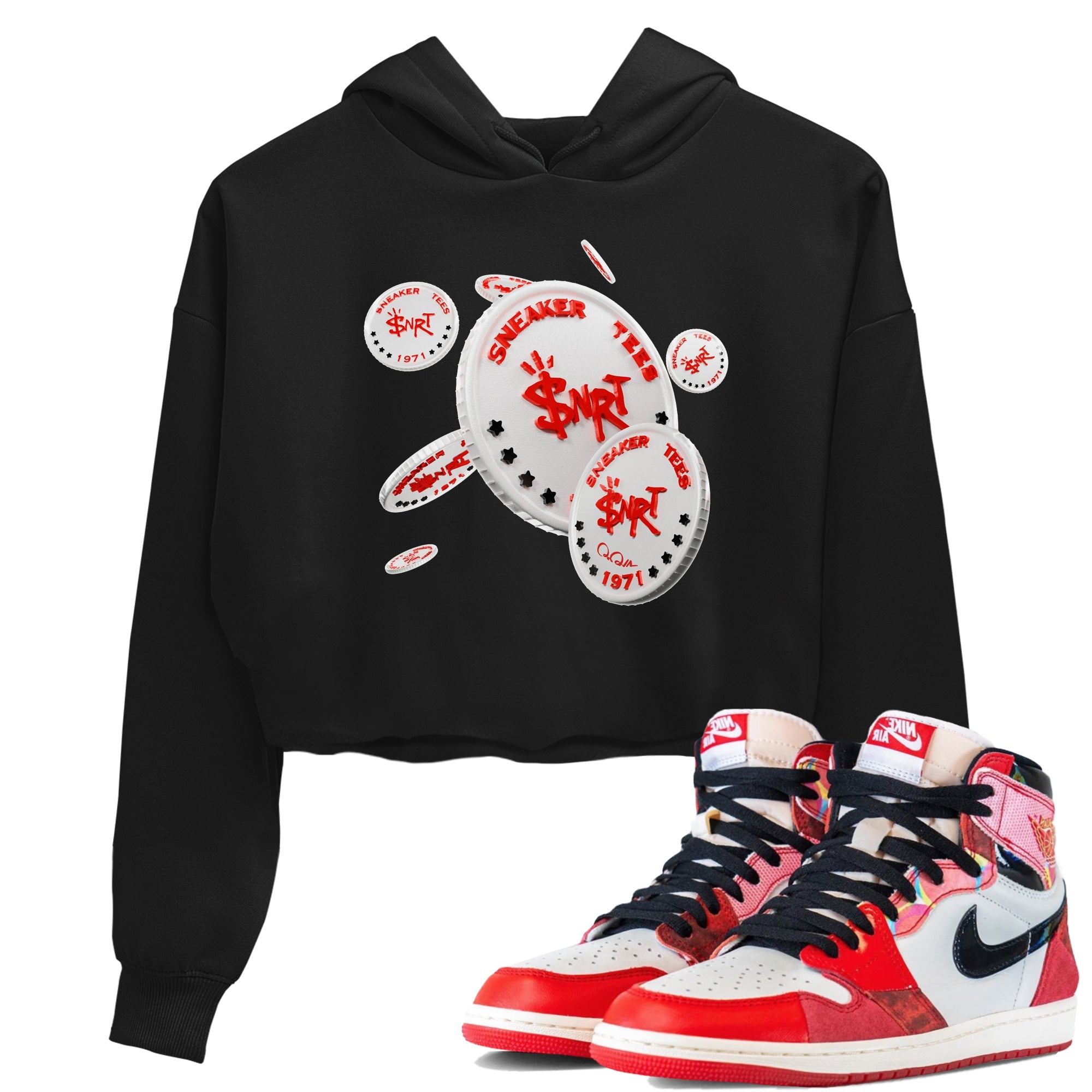 Air Jordan 1 Spider Man Sneaker Match Tees Coin Drop Sneaker Release Tees AJ1 Spider Man Sneaker Release Tees Women's Shirts Black 1