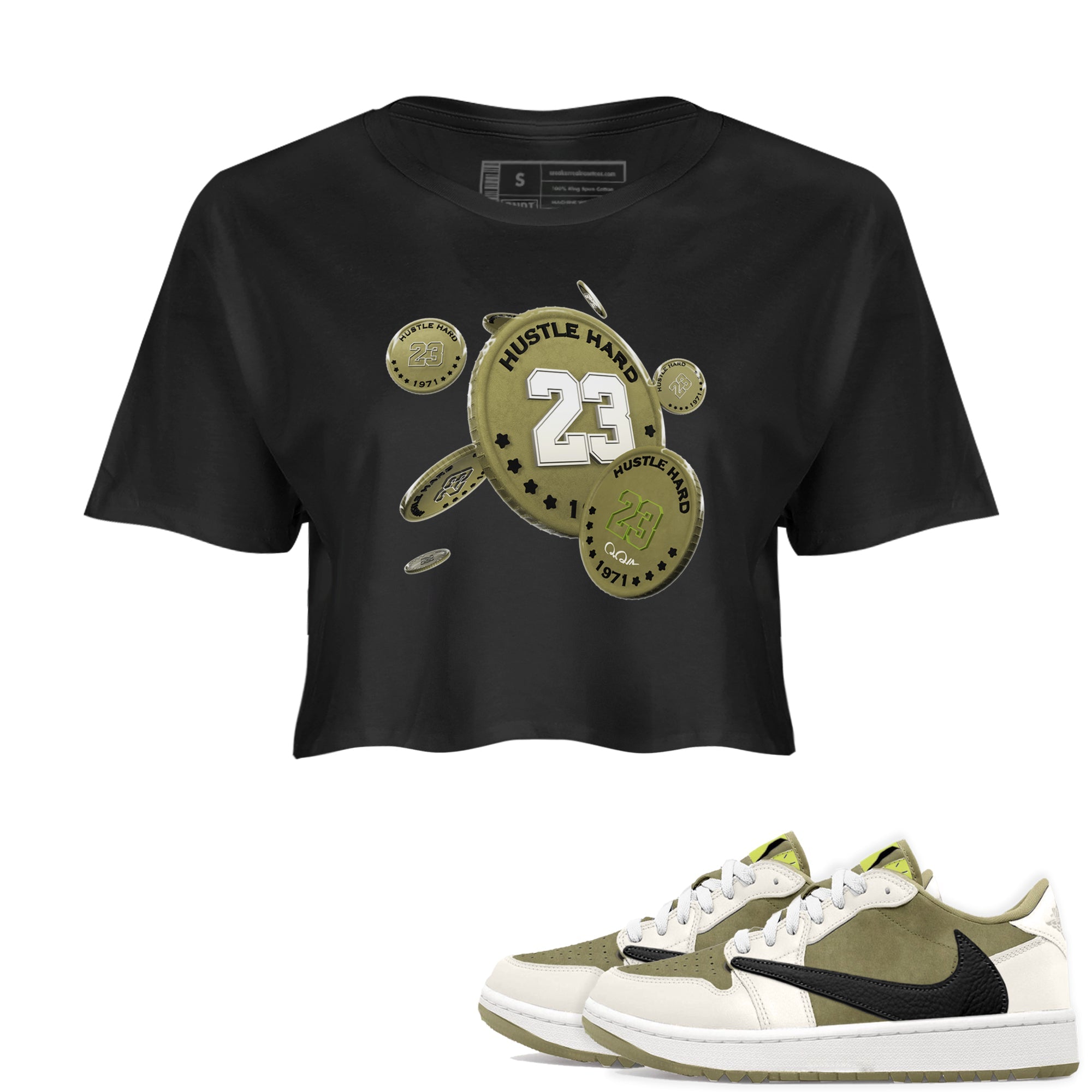 Air Jordan 1 Travis Scott Golf shirt to match jordans Coin Drop Streetwear Sneaker Shirt AJ1 lowTravis Scott Golf Drip Gear Zone Sneaker Matching Clothing Black 1 Crop T-Shirt