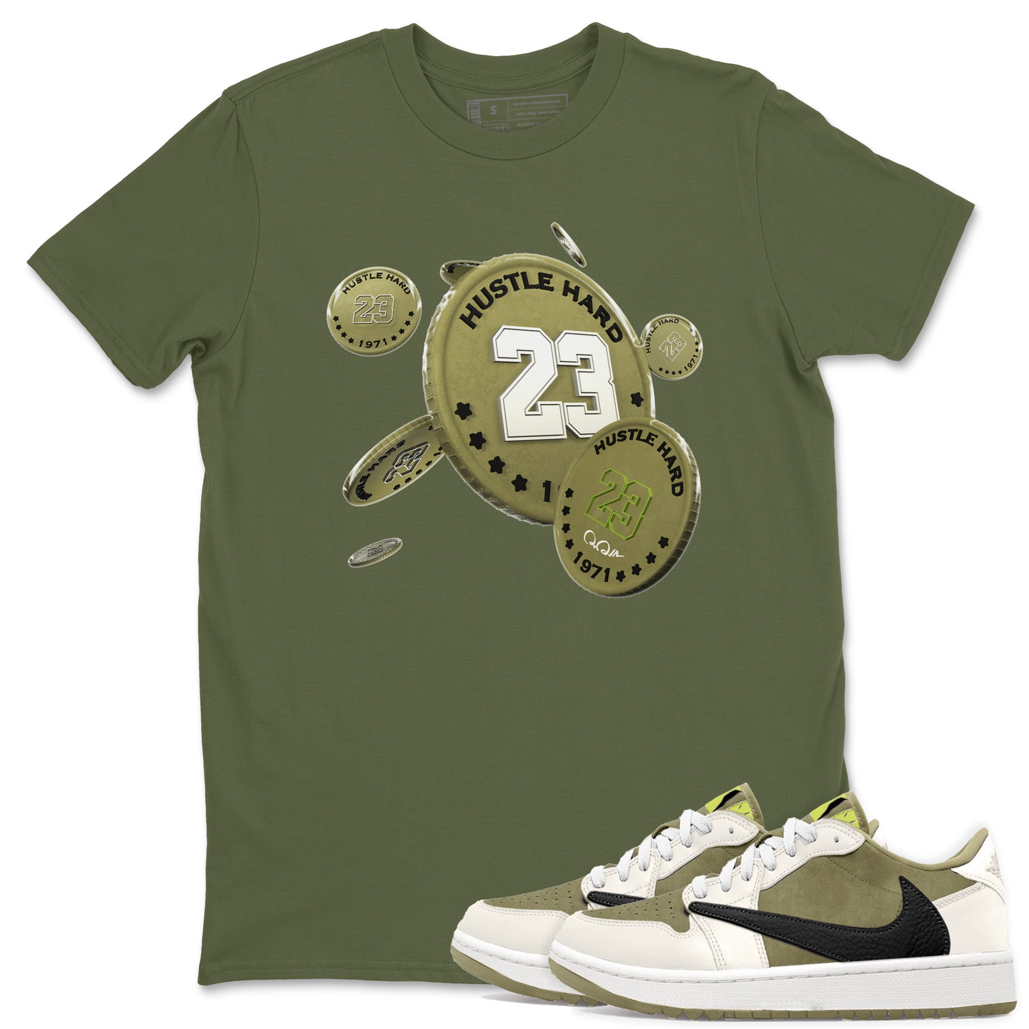 Air Jordan 1 Travis Scott Golf shirt to match jordans Coin Drop Streetwear Sneaker Shirt AJ1 lowTravis Scott Golf Drip Gear Zone Sneaker Matching Clothing Unisex Military Green 1 T-Shirt