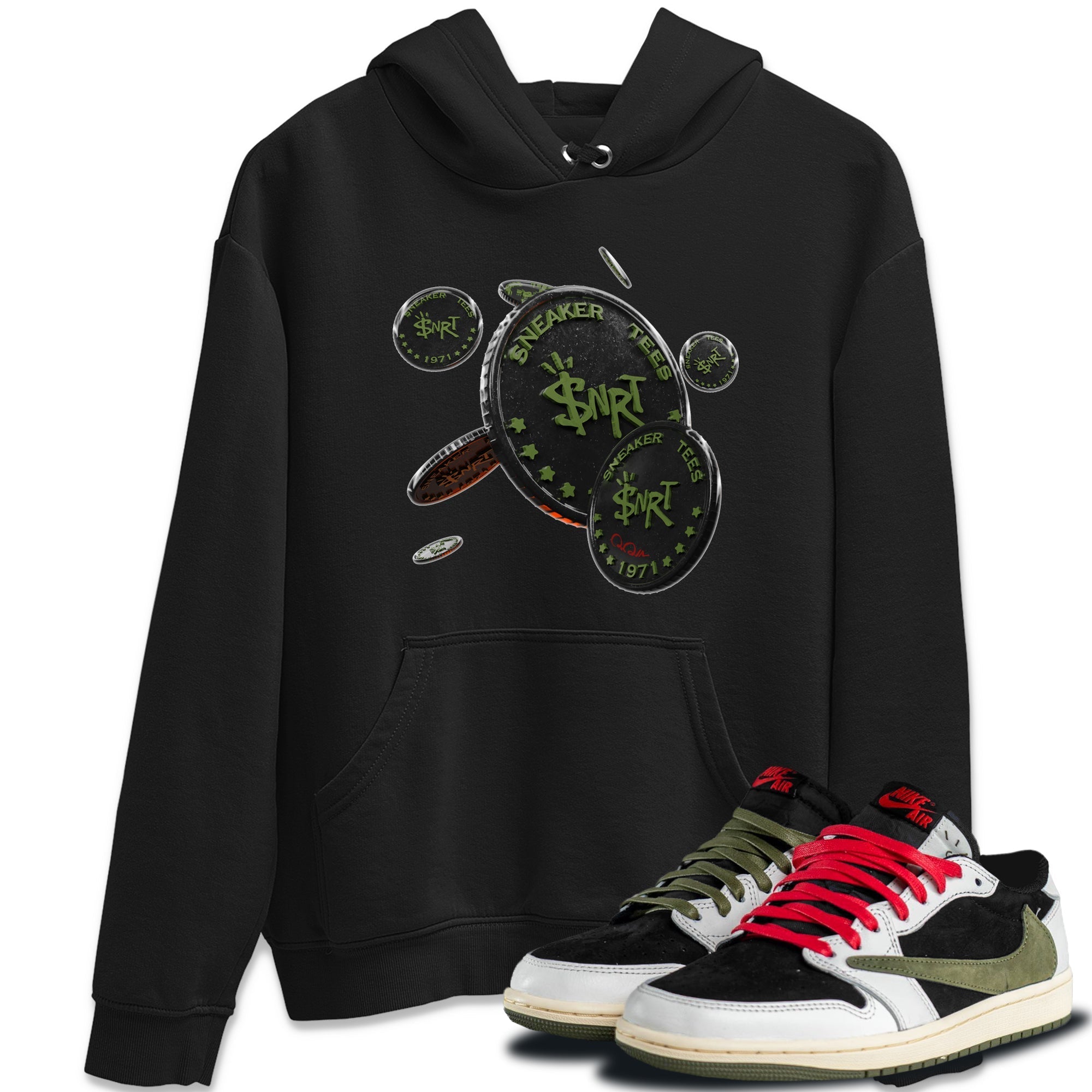 Air Jordan 1 Travis Scott Olive Sneaker Match Tees Coin Drop Streetwear Sneaker Shirt AJ1 OG Travis Scott Olive Sneaker Release Tees Unisex Shirts Black 1