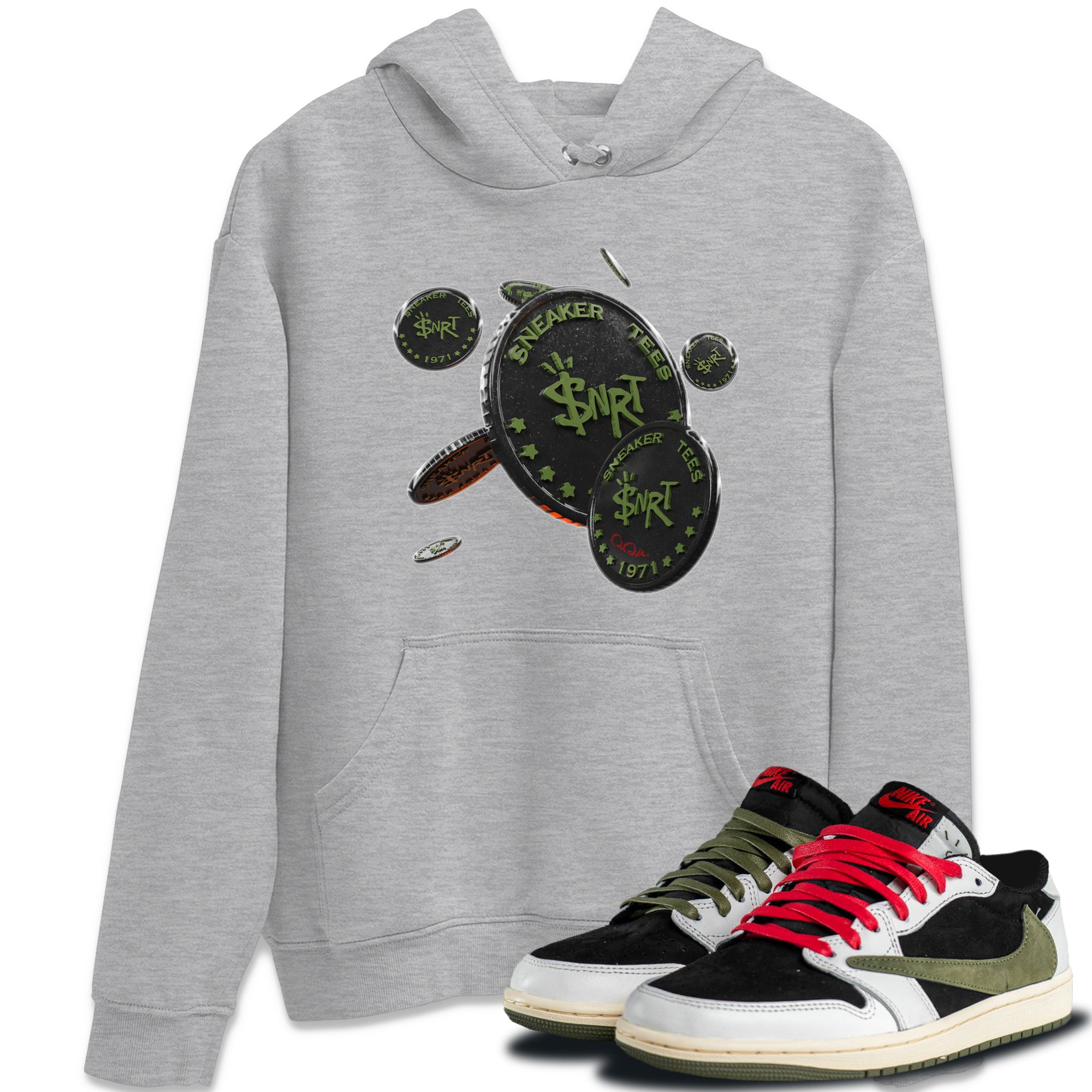 Air Jordan 1 Travis Scott Olive Sneaker Match Tees Coin Drop Streetwear Sneaker Shirt AJ1 OG Travis Scott Olive Sneaker Release Tees Unisex Shirts Heather Grey 1
