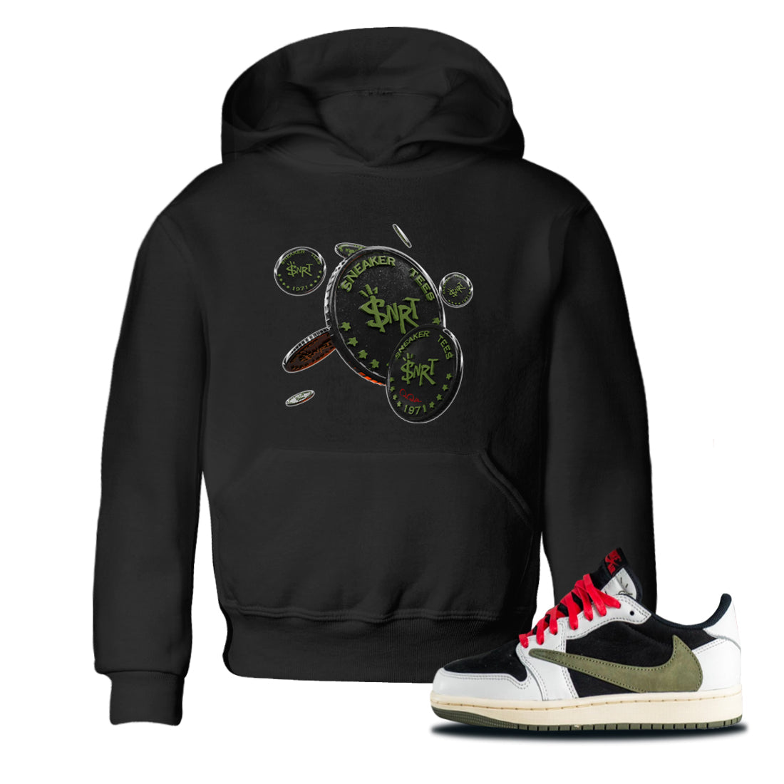 Air Jordan 1 Travis Scott Olive Sneaker Match Tees Coin Drop Streetwear Sneaker Shirt AJ1 OG Travis Scott Olive Sneaker Release Tees Kids Shirts Black 1