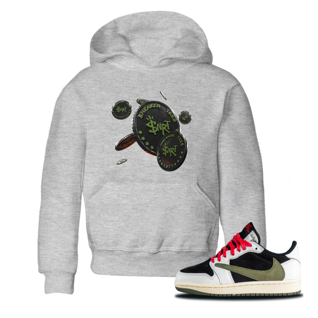 Air Jordan 1 Travis Scott Olive Sneaker Match Tees Coin Drop Streetwear Sneaker Shirt AJ1 OG Travis Scott Olive Sneaker Release Tees Kids Shirts Heather Grey 1