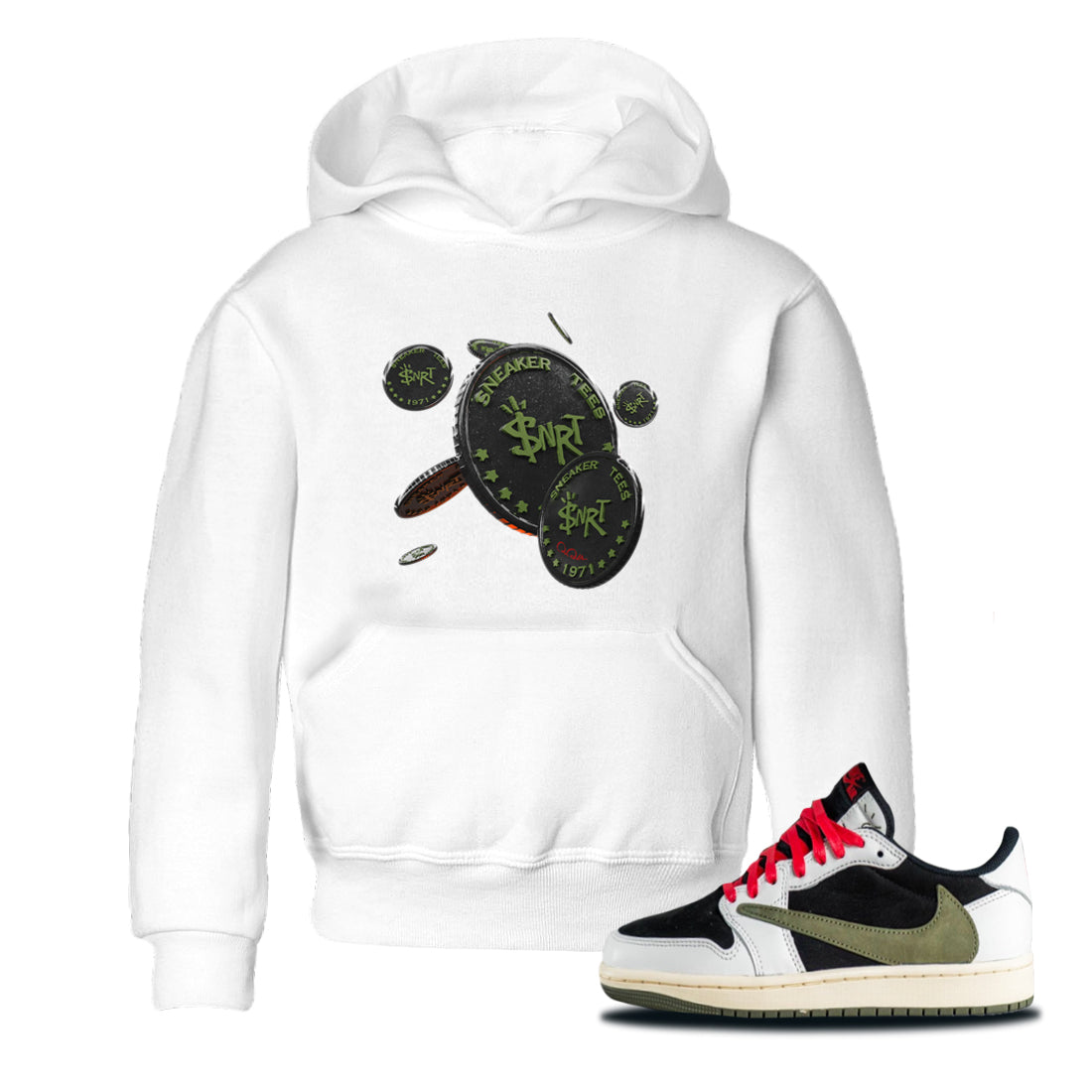 Air Jordan 1 Travis Scott Olive Sneaker Match Tees Coin Drop Streetwear Sneaker Shirt AJ1 OG Travis Scott Olive Sneaker Release Tees Kids Shirts White 1