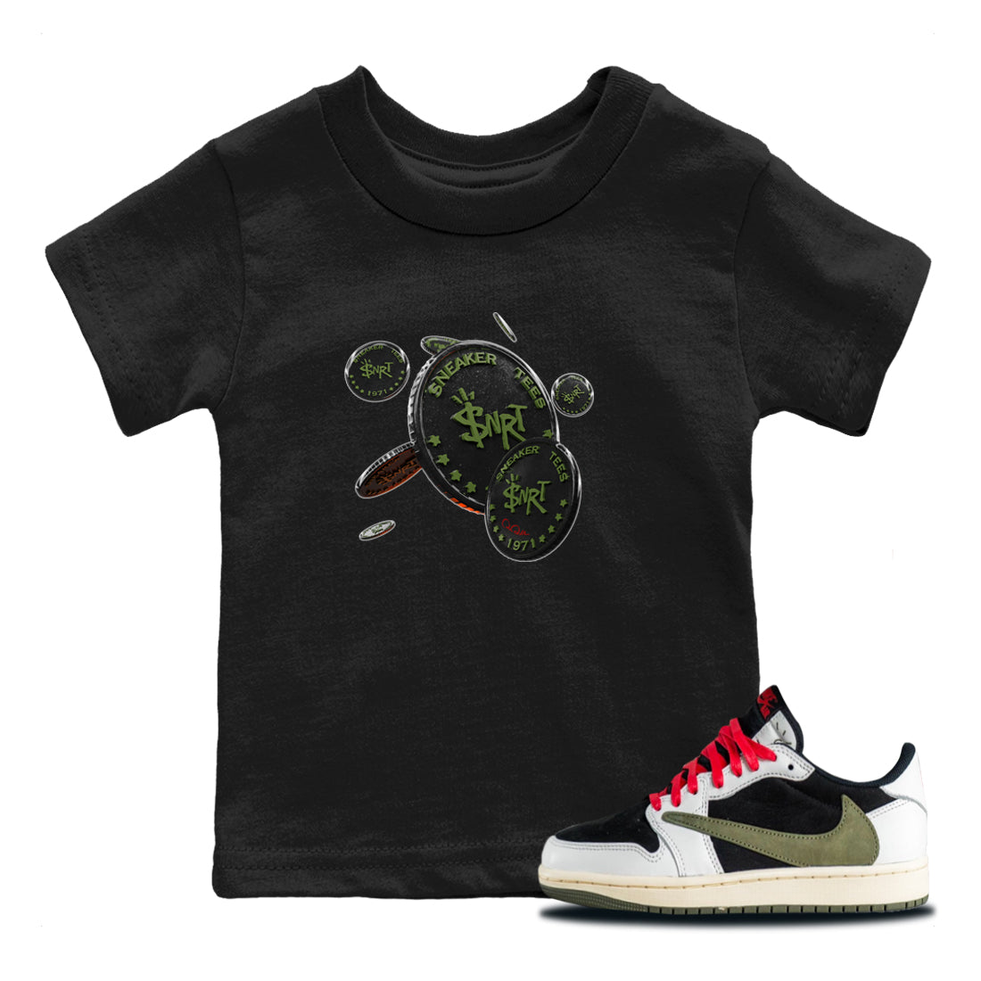 Air Jordan 1 Travis Scott Olive Sneaker Match Tees Coin Drop Streetwear Sneaker Shirt AJ1 OG Travis Scott Olive Sneaker Release Tees Kids Shirts Black 1