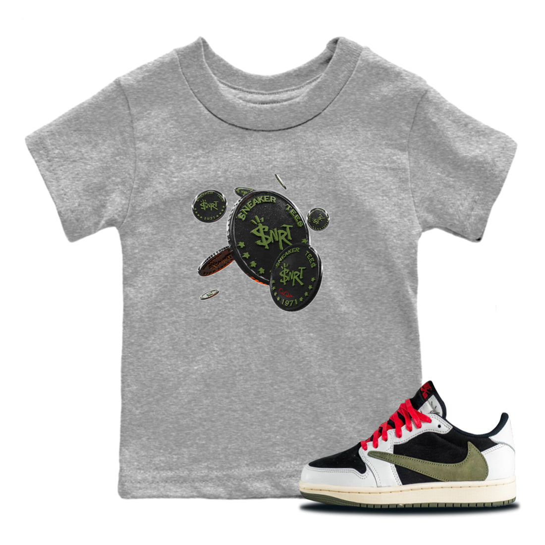Air Jordan 1 Travis Scott Olive Sneaker Match Tees Coin Drop Streetwear Sneaker Shirt AJ1 OG Travis Scott Olive Sneaker Release Tees Kids Shirts Heather Grey 1