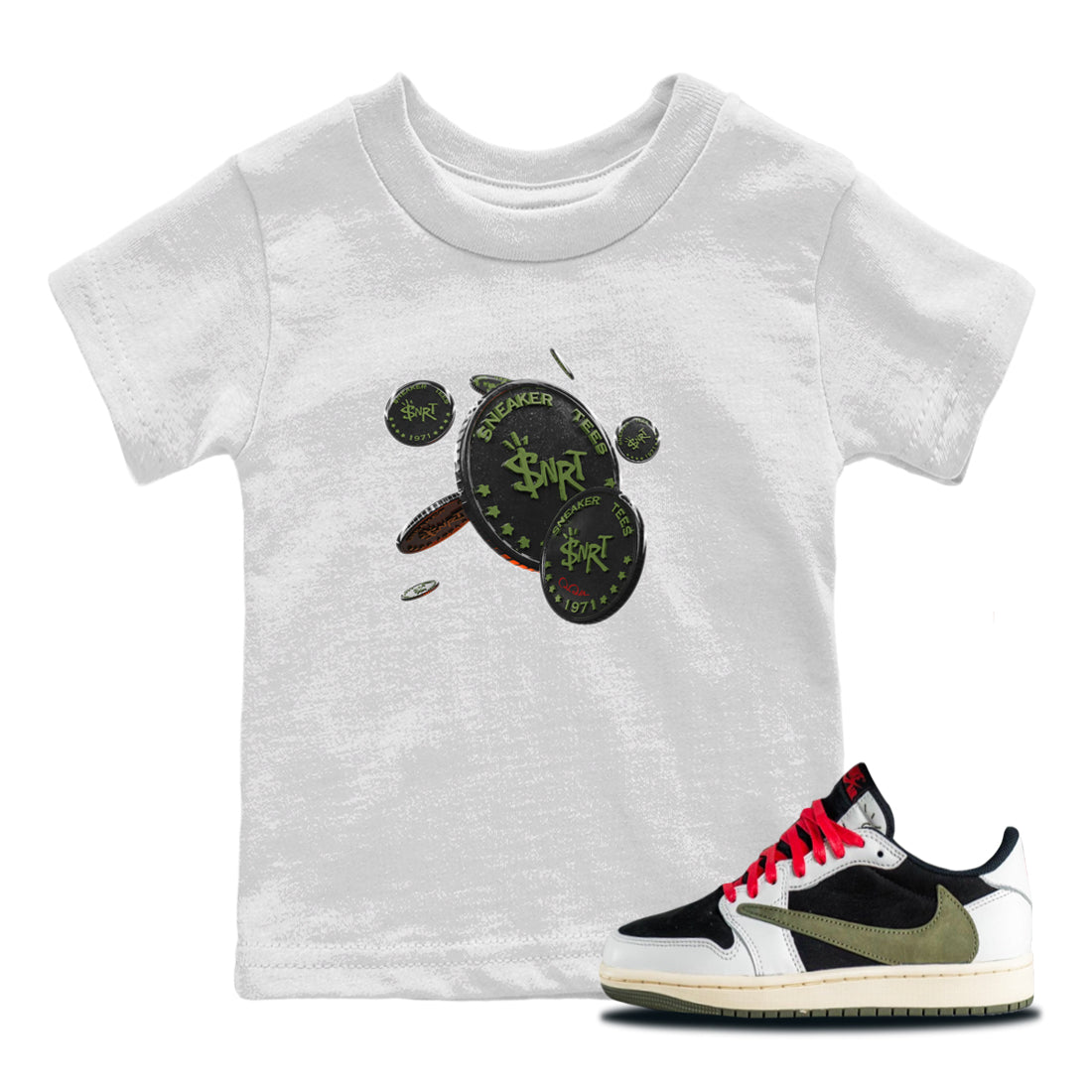Air Jordan 1 Travis Scott Olive Sneaker Match Tees Coin Drop Streetwear Sneaker Shirt AJ1 OG Travis Scott Olive Sneaker Release Tees Kids Shirts White 1