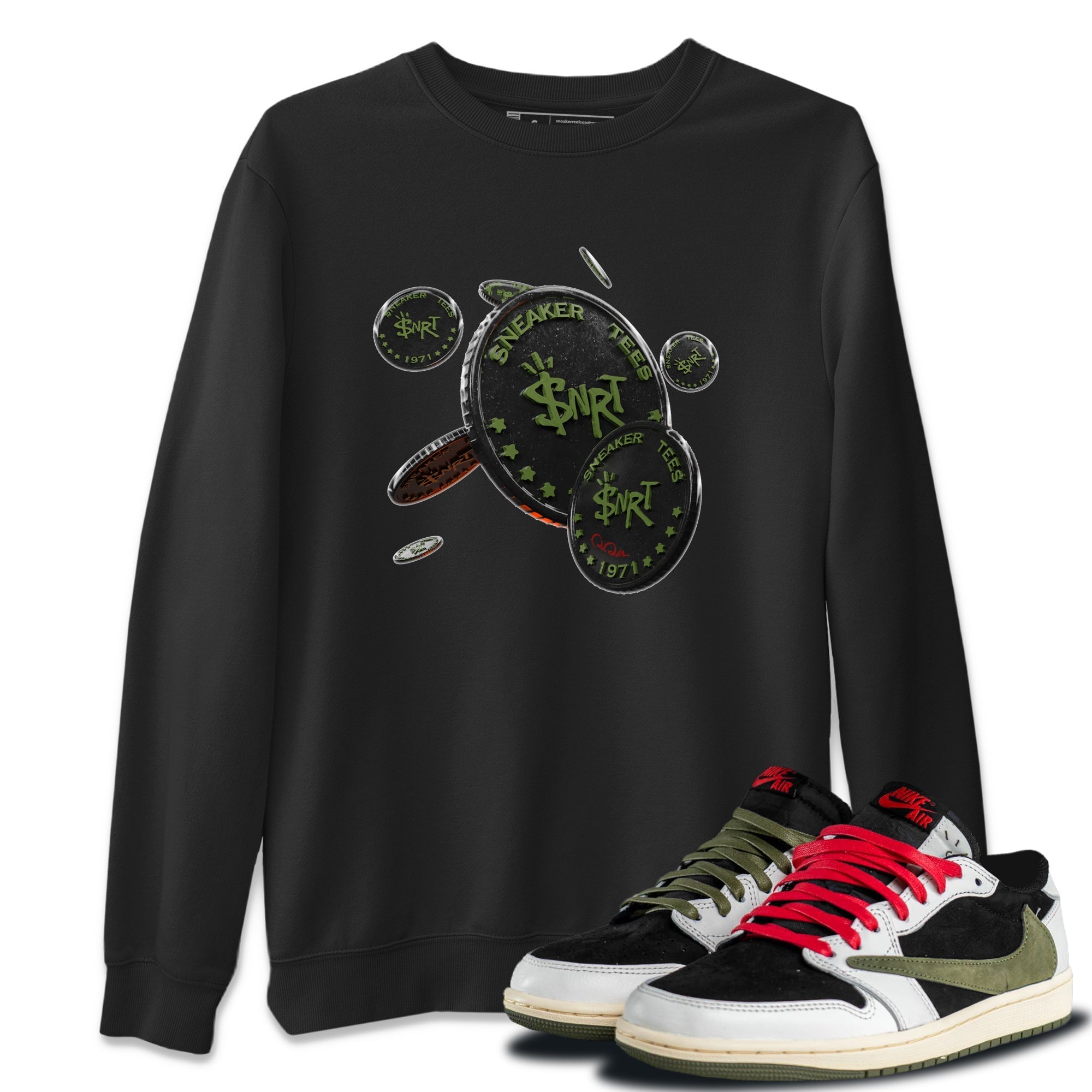 Air Jordan 1 Travis Scott Olive Sneaker Match Tees Coin Drop Streetwear Sneaker Shirt AJ1 OG Travis Scott Olive Sneaker Release Tees Unisex Shirts Black 1