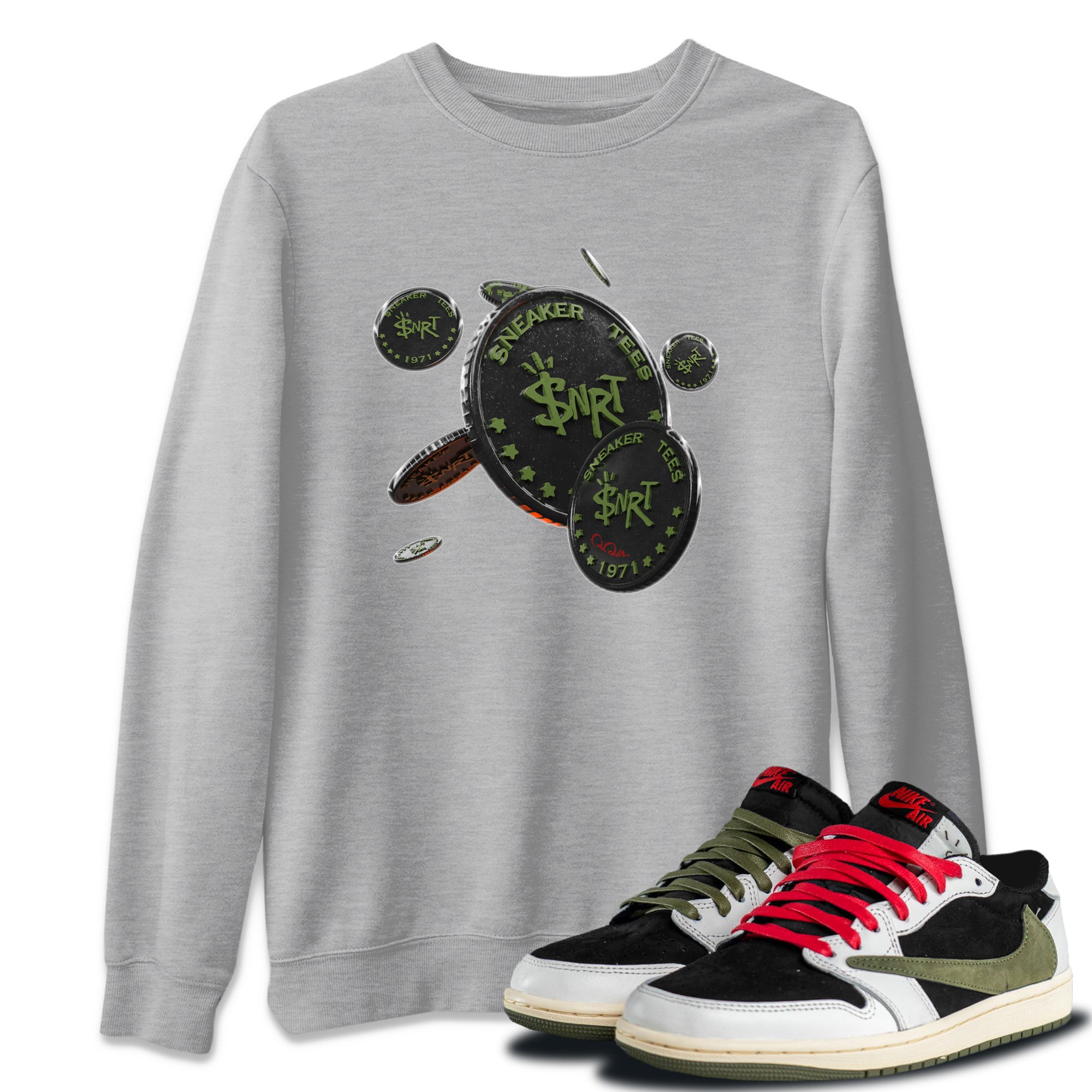 Air Jordan 1 Travis Scott Olive Sneaker Match Tees Coin Drop Streetwear Sneaker Shirt AJ1 OG Travis Scott Olive Sneaker Release Tees Unisex Shirts Heather Grey 1