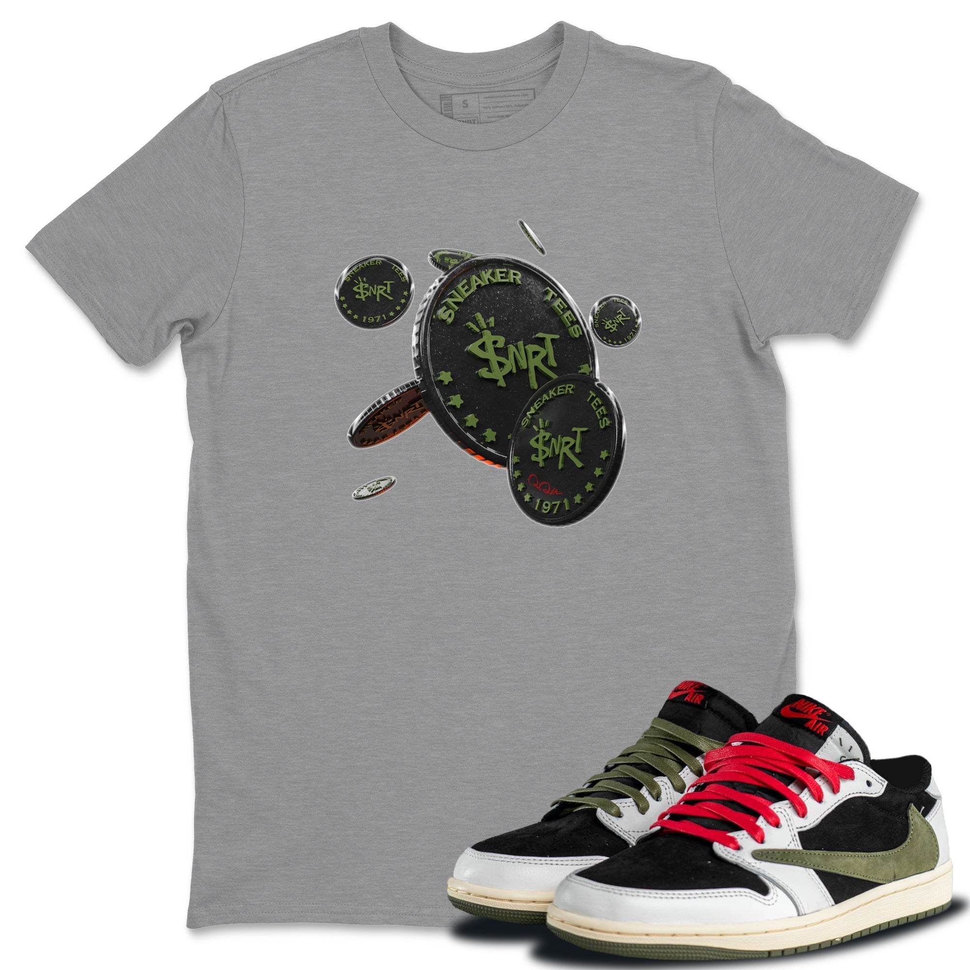 Air Jordan 1 Travis Scott Olive Sneaker Match Tees Coin Drop Streetwear Sneaker Shirt AJ1 OG Travis Scott Olive Sneaker Release Tees Unisex Shirts Heather Grey 1