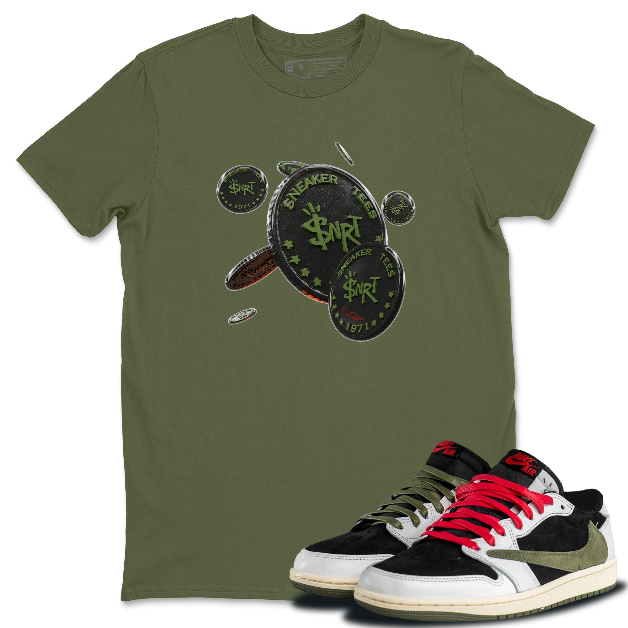 Air Jordan 1 Travis Scott Olive Sneaker Match Tees Coin Drop Streetwear Sneaker Shirt AJ1 OG Travis Scott Olive Sneaker Release Tees Unisex Shirts Military Green 1