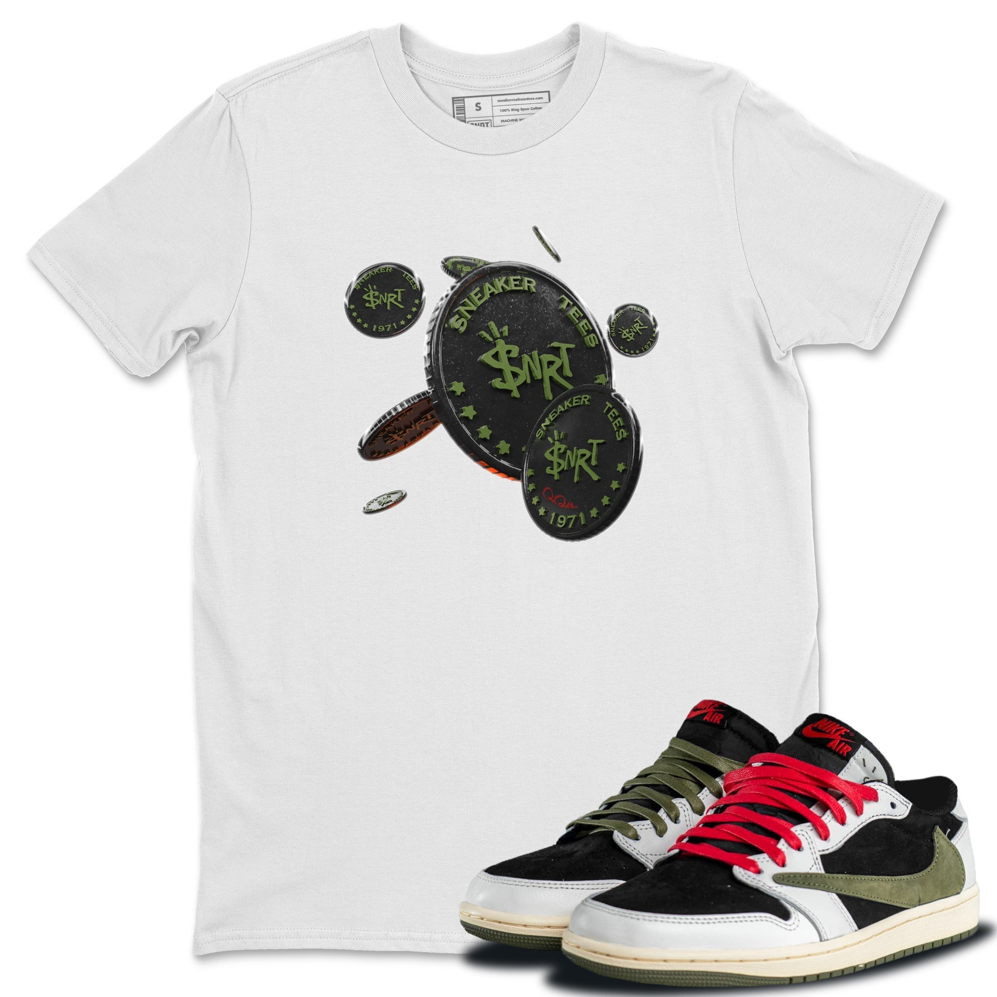 Air Jordan 1 Travis Scott Olive Sneaker Match Tees Coin Drop Streetwear Sneaker Shirt AJ1 OG Travis Scott Olive Sneaker Release Tees Unisex Shirts White 1