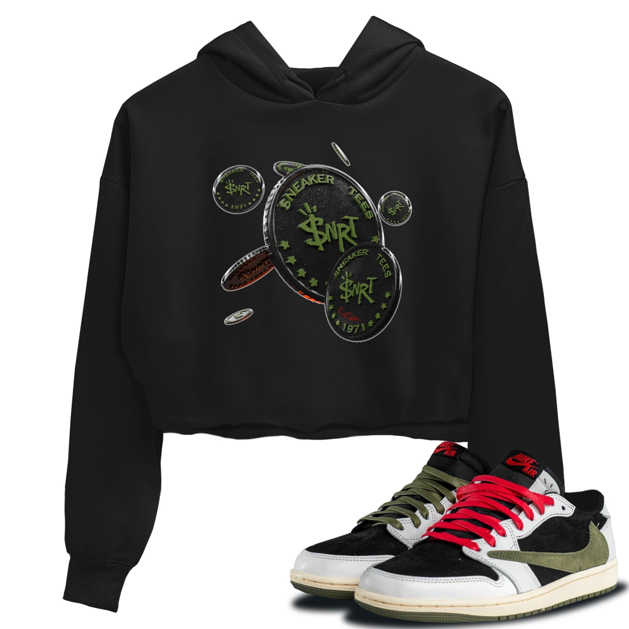 Air Jordan 1 Travis Scott Olive Sneaker Match Tees Coin Drop Streetwear Sneaker Shirt AJ1 OG Travis Scott Olive Sneaker Release Tees Women's Shirts Black 1