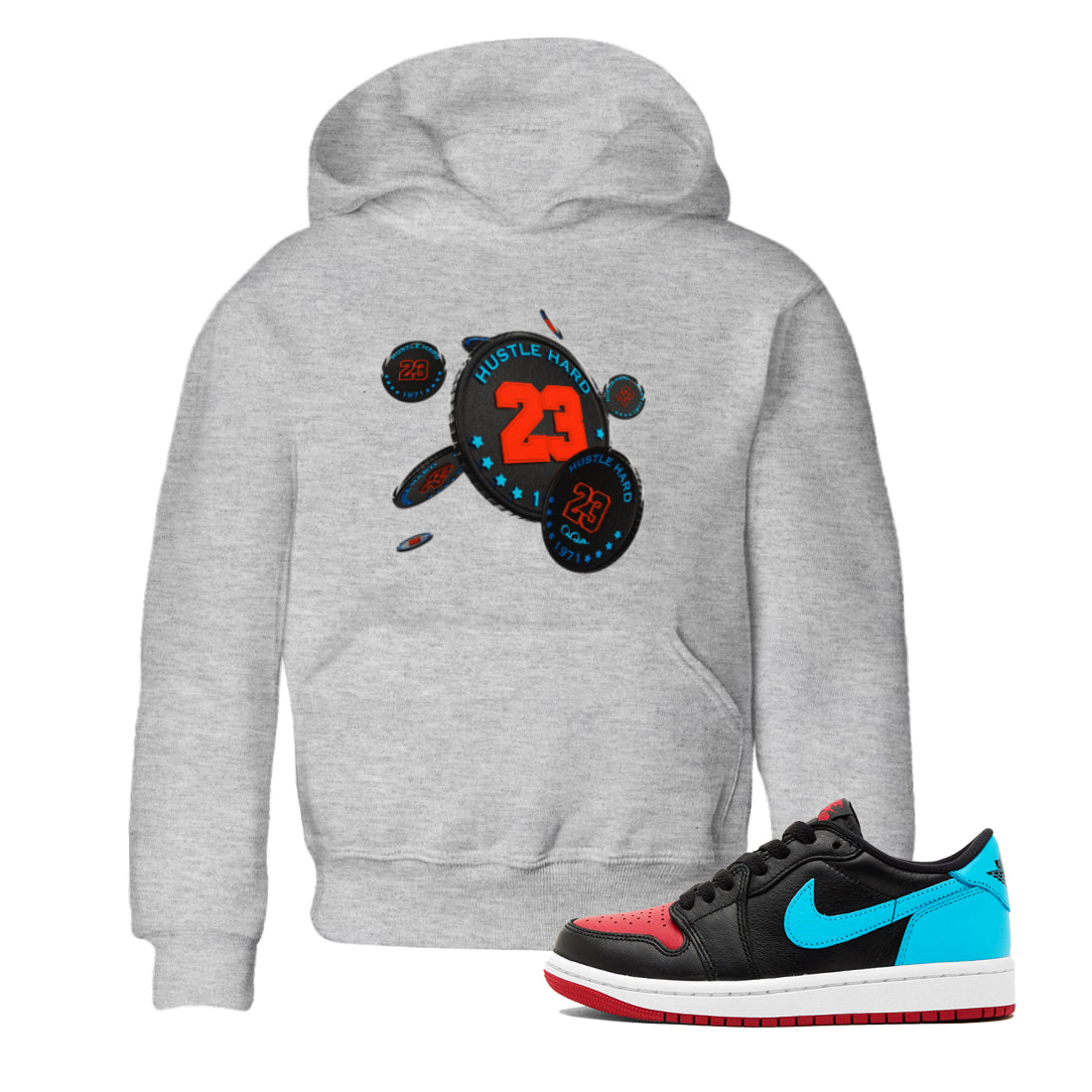 Air Jordan 1 UNC to Chicago Sneaker Match Tees Coin Drop Streetwear Sneaker Shirt AJ1 UNC to Chicago Sneaker Release Tees Kids Shirts Heather Grey 1