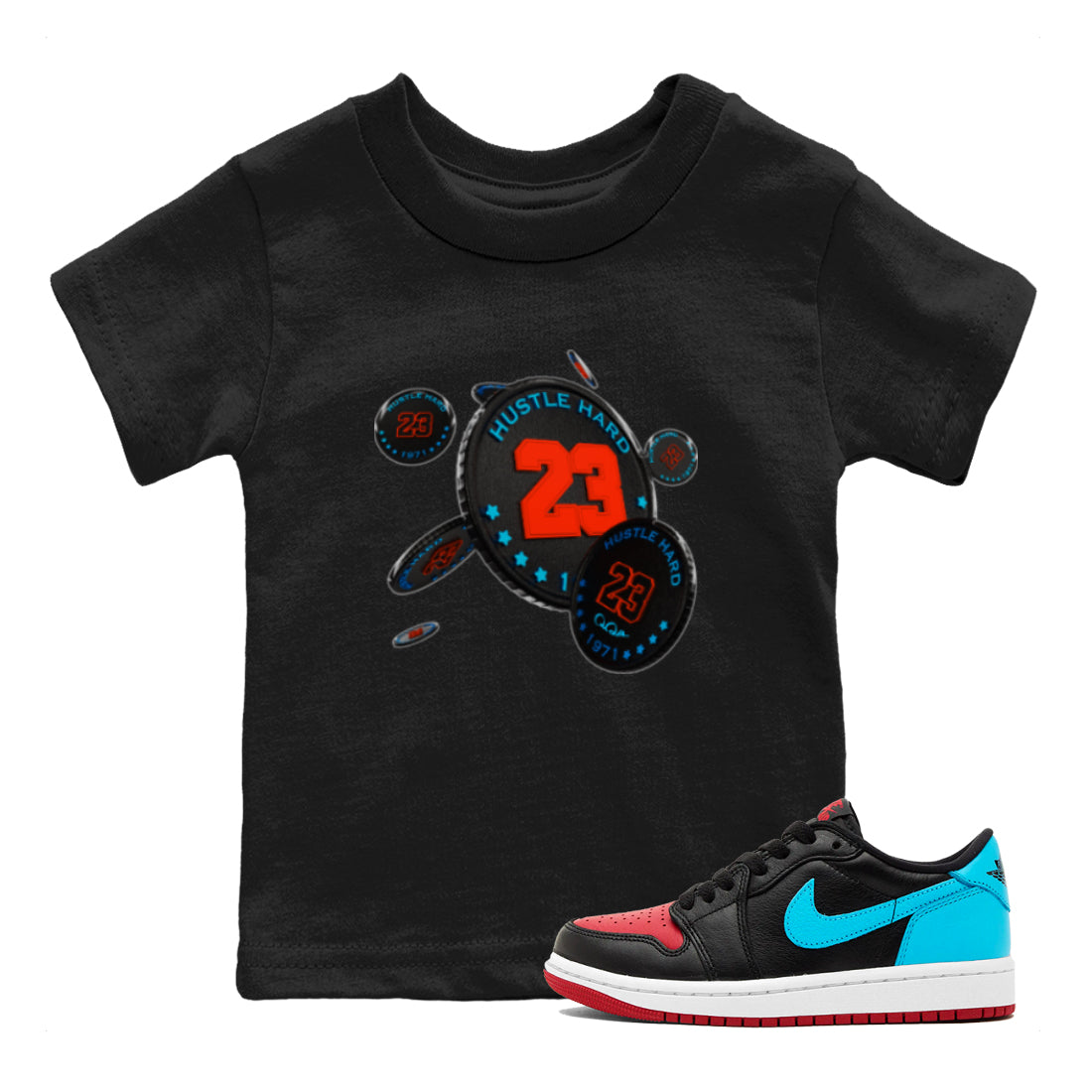 Air Jordan 1 UNC to Chicago Sneaker Match Tees Coin Drop Streetwear Sneaker Shirt AJ1 UNC to Chicago Sneaker Release Tees Kids Shirts Black 1