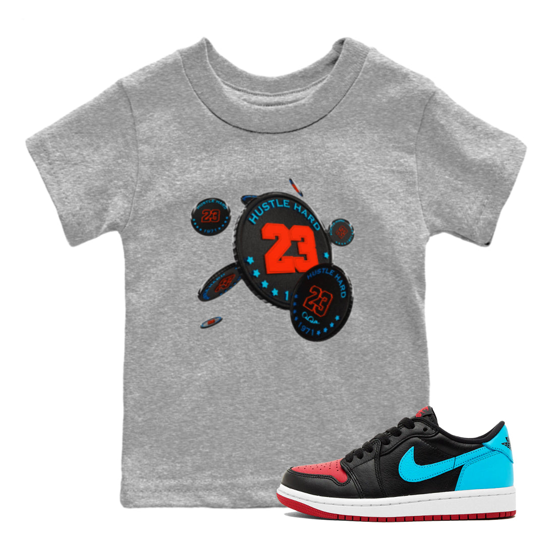Air Jordan 1 UNC to Chicago Sneaker Match Tees Coin Drop Streetwear Sneaker Shirt AJ1 UNC to Chicago Sneaker Release Tees Kids Shirts Heather Grey 1