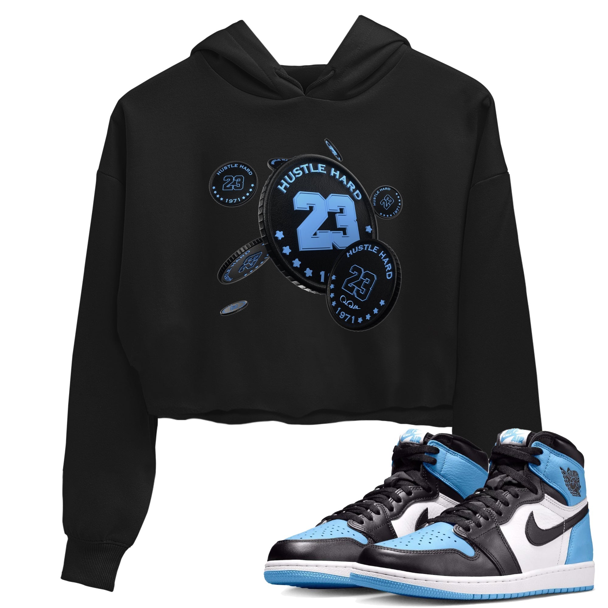Air Jordan 1 University Blue Sneaker Match Tees Coin Drop Sneaker Tees AJ1 University Blue Sneaker Release Tees Women's Shirts Black 1