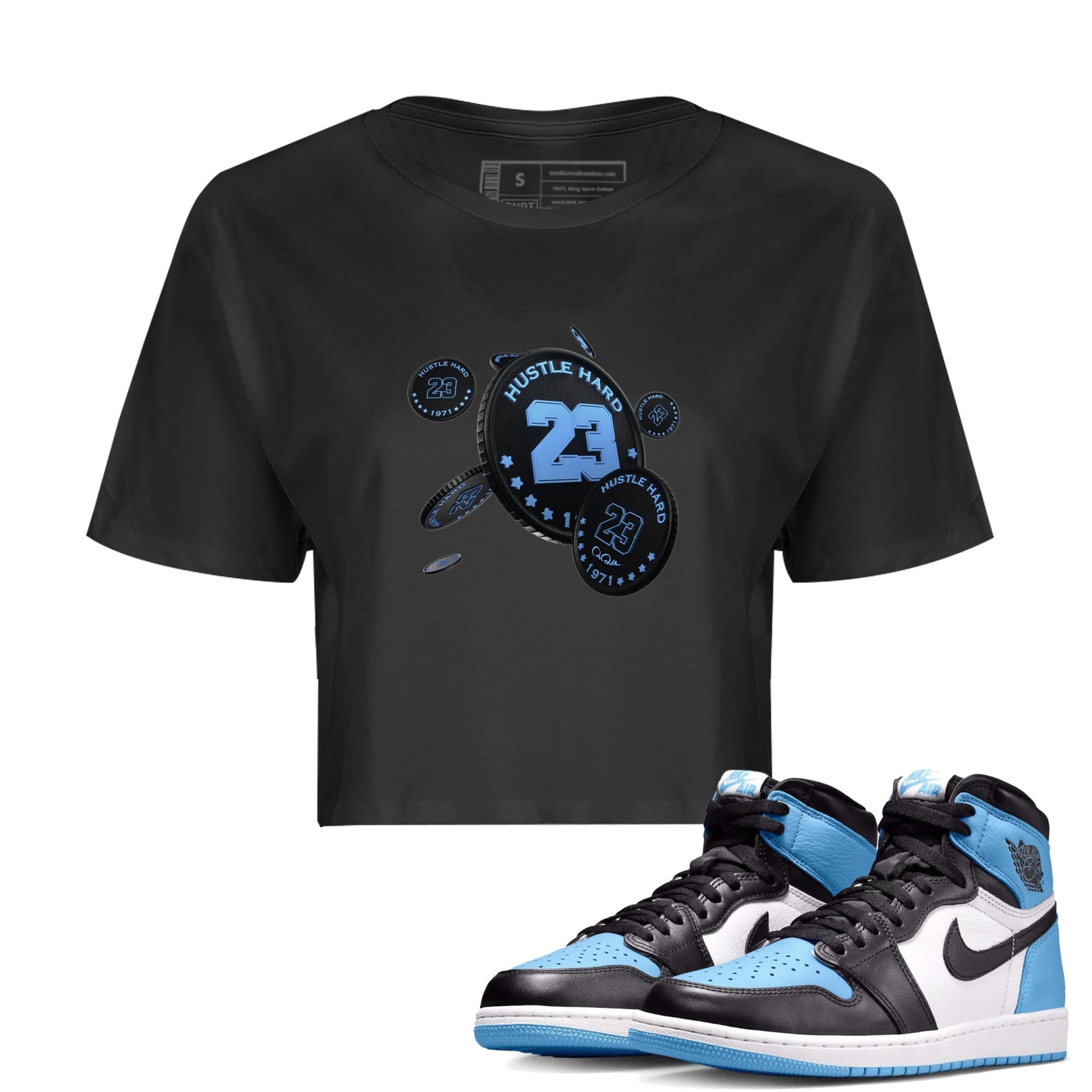 Air Jordan 1 University Blue Sneaker Match Tees Coin Drop Sneaker Tees AJ1 University Blue Sneaker Release Tees Women's Shirts Black 1