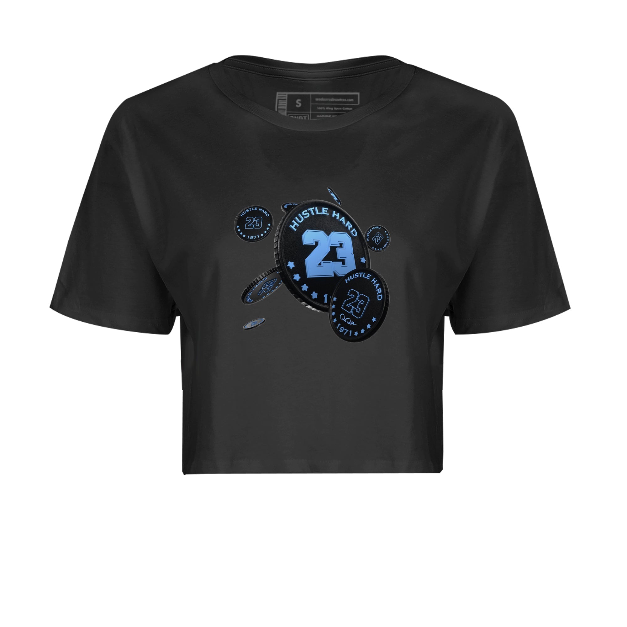 Air Jordan 1 University Blue Sneaker Match Tees Coin Drop Sneaker Tees AJ1 University Blue Sneaker Release Tees Women's Shirts Black 2