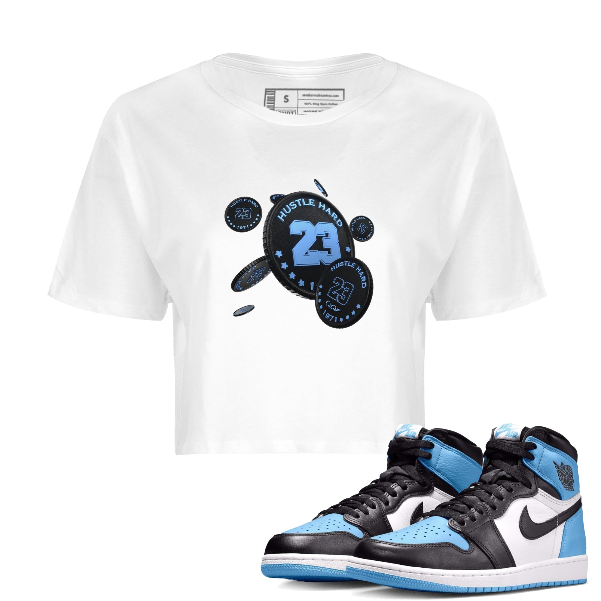Air Jordan 1 University Blue Sneaker Match Tees Coin Drop Sneaker Tees AJ1 University Blue Sneaker Release Tees Women's Shirts White 1