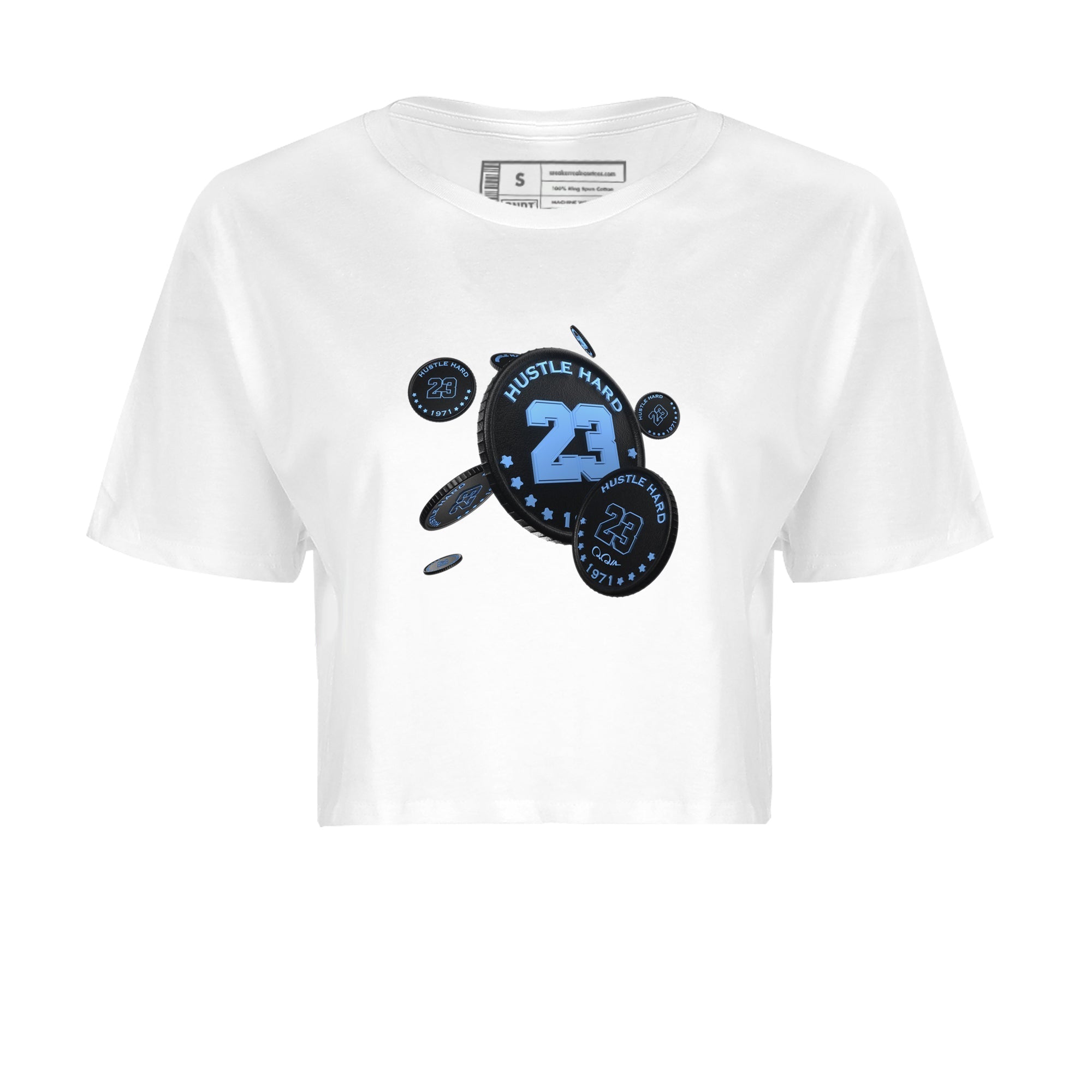 Air Jordan 1 University Blue Sneaker Match Tees Coin Drop Sneaker Tees AJ1 University Blue Sneaker Release Tees Women's Shirts White 2