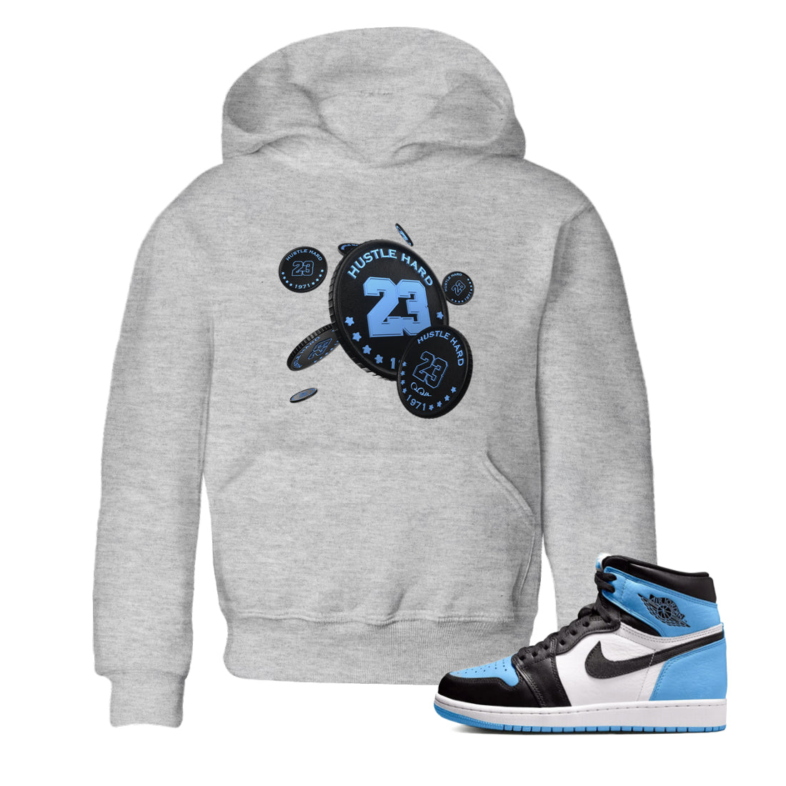 Air Jordan 1 University Blue Sneaker Match Tees Coin Drop Sneaker Tees AJ1 University Blue Sneaker Release Tees Kids Shirts Heather Grey 1