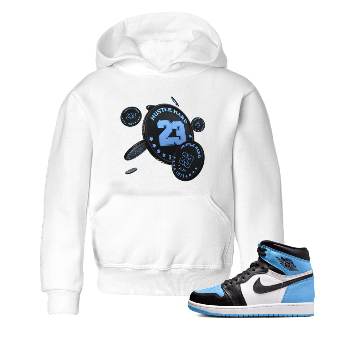 Air Jordan 1 University Blue Sneaker Match Tees Coin Drop Sneaker Tees AJ1 University Blue Sneaker Release Tees Kids Shirts White 1