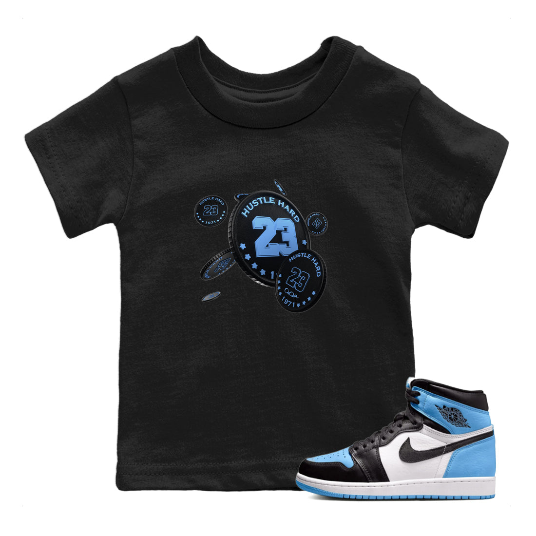 Air Jordan 1 University Blue Sneaker Match Tees Coin Drop Sneaker Tees AJ1 University Blue Sneaker Release Tees Kids Shirts Black 1