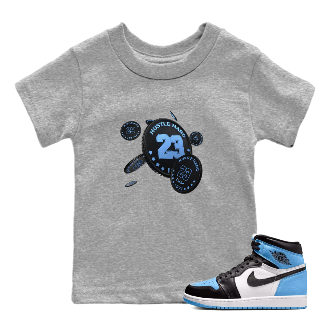 Air Jordan 1 University Blue Sneaker Match Tees Coin Drop Sneaker Tees AJ1 University Blue Sneaker Release Tees Kids Shirts Heather Grey 1