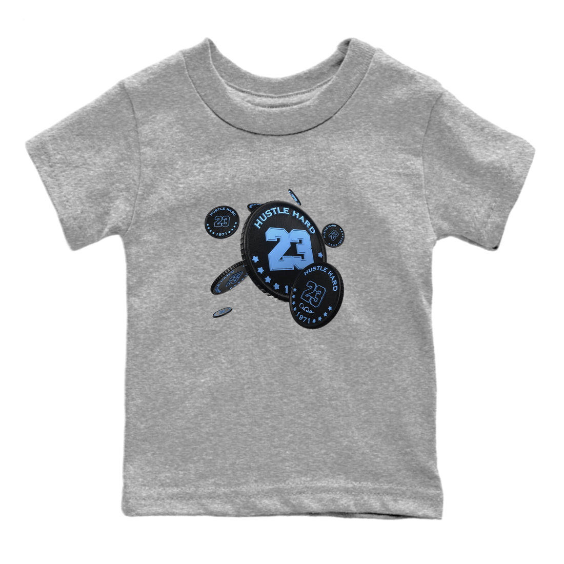 Air Jordan 1 University Blue Sneaker Match Tees Coin Drop Sneaker Tees AJ1 University Blue Sneaker Release Tees Kids Shirts Heather Grey 2