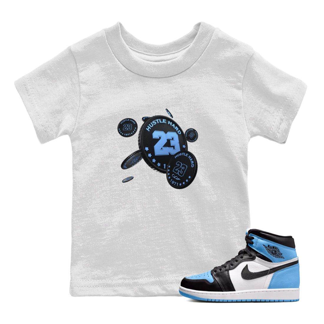 Air Jordan 1 University Blue Sneaker Match Tees Coin Drop Sneaker Tees AJ1 University Blue Sneaker Release Tees Kids Shirts White 1