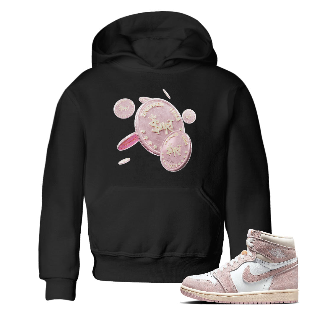 AJ1 Retro High OG Washed Pink Sneaker Match Tees Coin Drop Streetwear Sneaker Shirt AJ1 Retro High OG Washed Pink Sneaker Release Tees Kids Shirts Black 1
