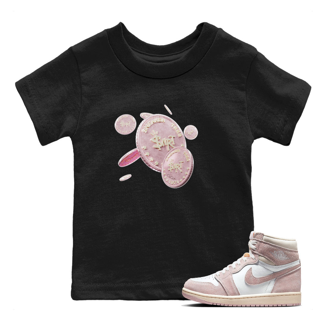 AJ1 Retro High OG Washed Pink Sneaker Match Tees Coin Drop Streetwear Sneaker Shirt AJ1 Retro High OG Washed Pink Sneaker Release Tees Kids Shirts Black 1