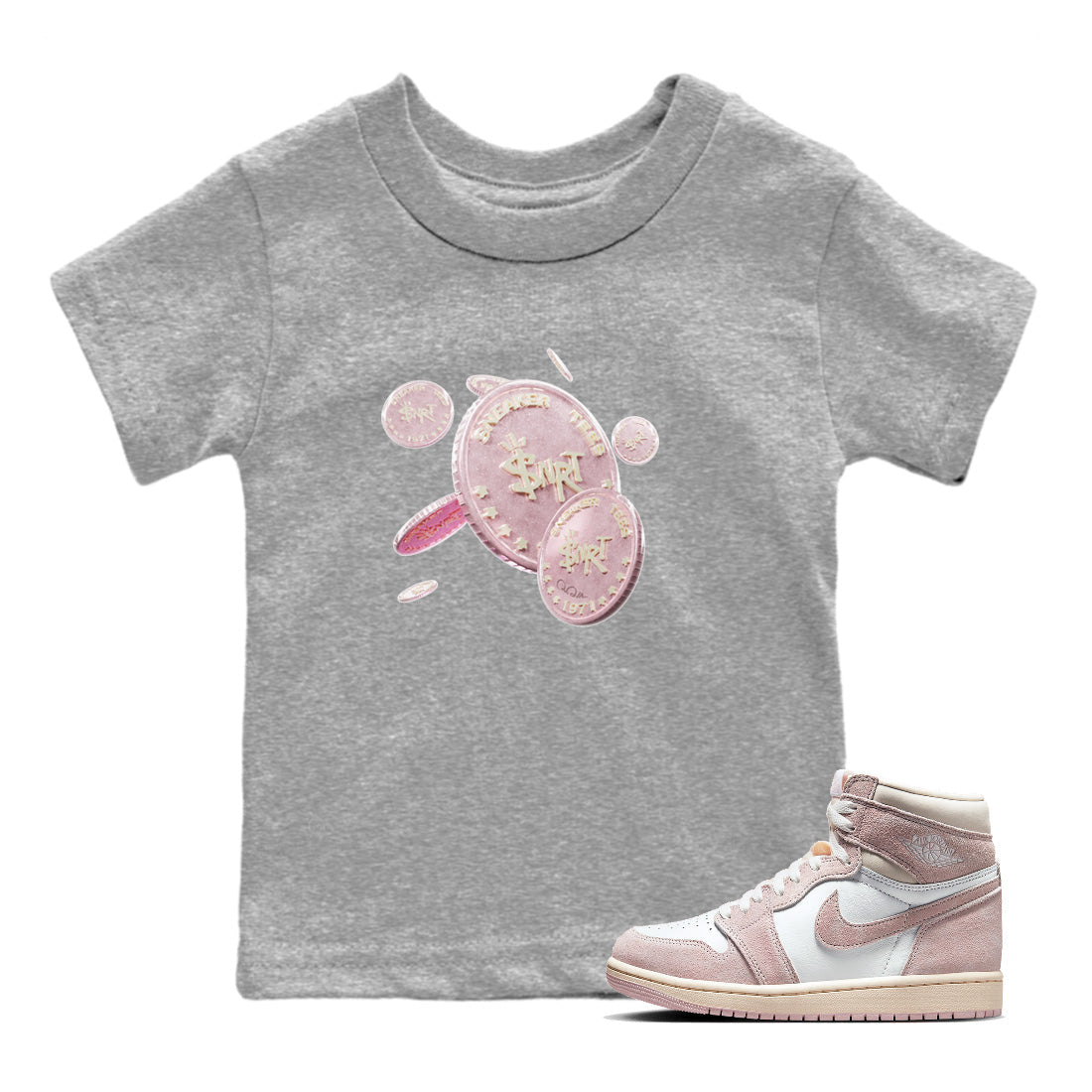 AJ1 Retro High OG Washed Pink Sneaker Match Tees Coin Drop Streetwear Sneaker Shirt AJ1 Retro High OG Washed Pink Sneaker Release Tees Kids Shirts Heather Grey 1