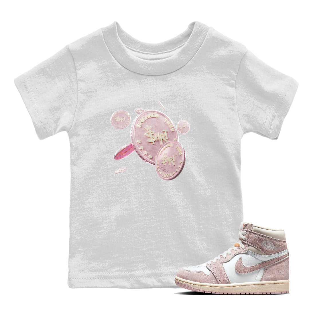 AJ1 Retro High OG Washed Pink Sneaker Match Tees Coin Drop Streetwear Sneaker Shirt AJ1 Retro High OG Washed Pink Sneaker Release Tees Kids Shirts White 1