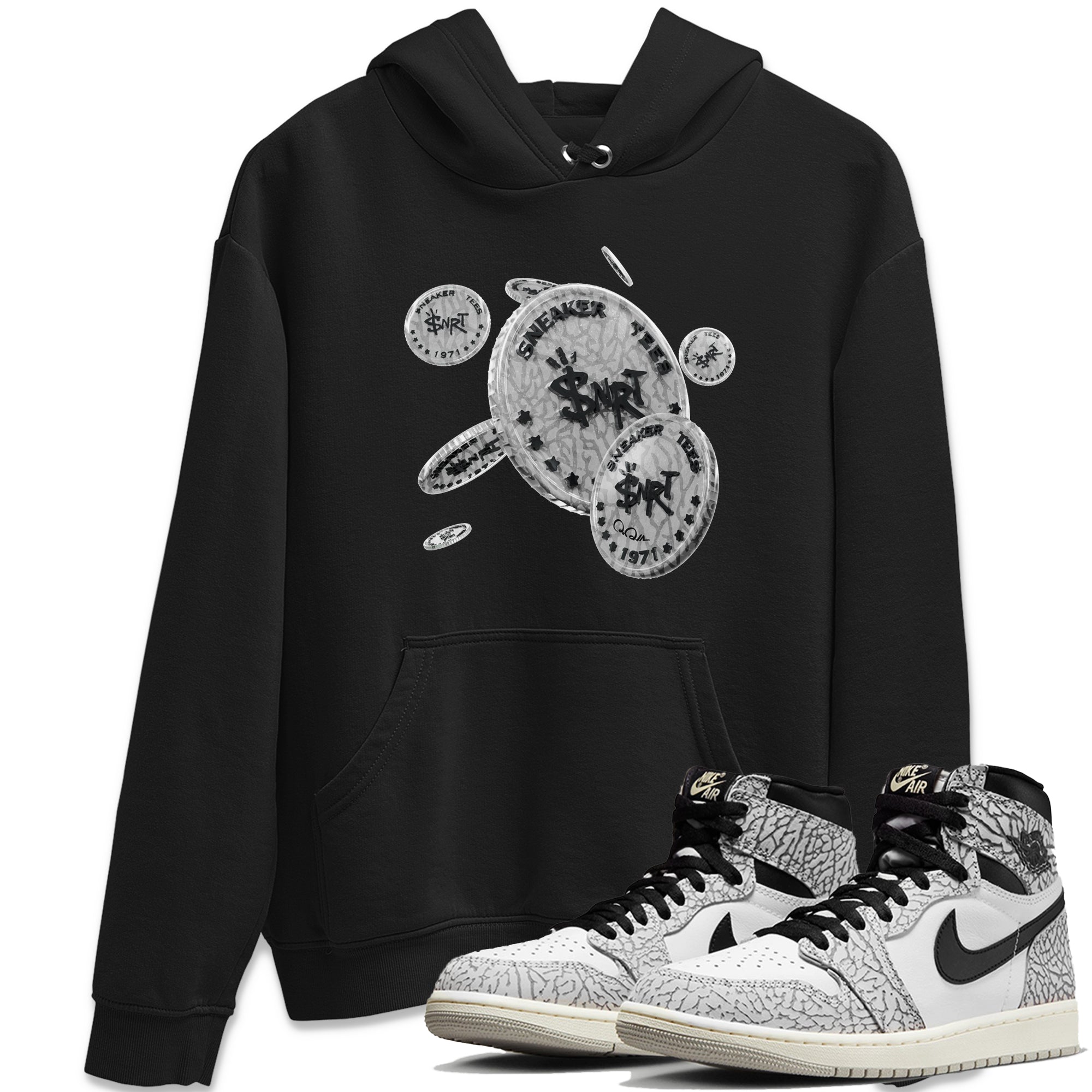 Air Jordan 1 White Cement Sneaker Match Tees Coin Drop Streetwear Sneaker Shirt Air Jordan 1 White Cement Sneaker Release Tees Unisex Shirts Black 1