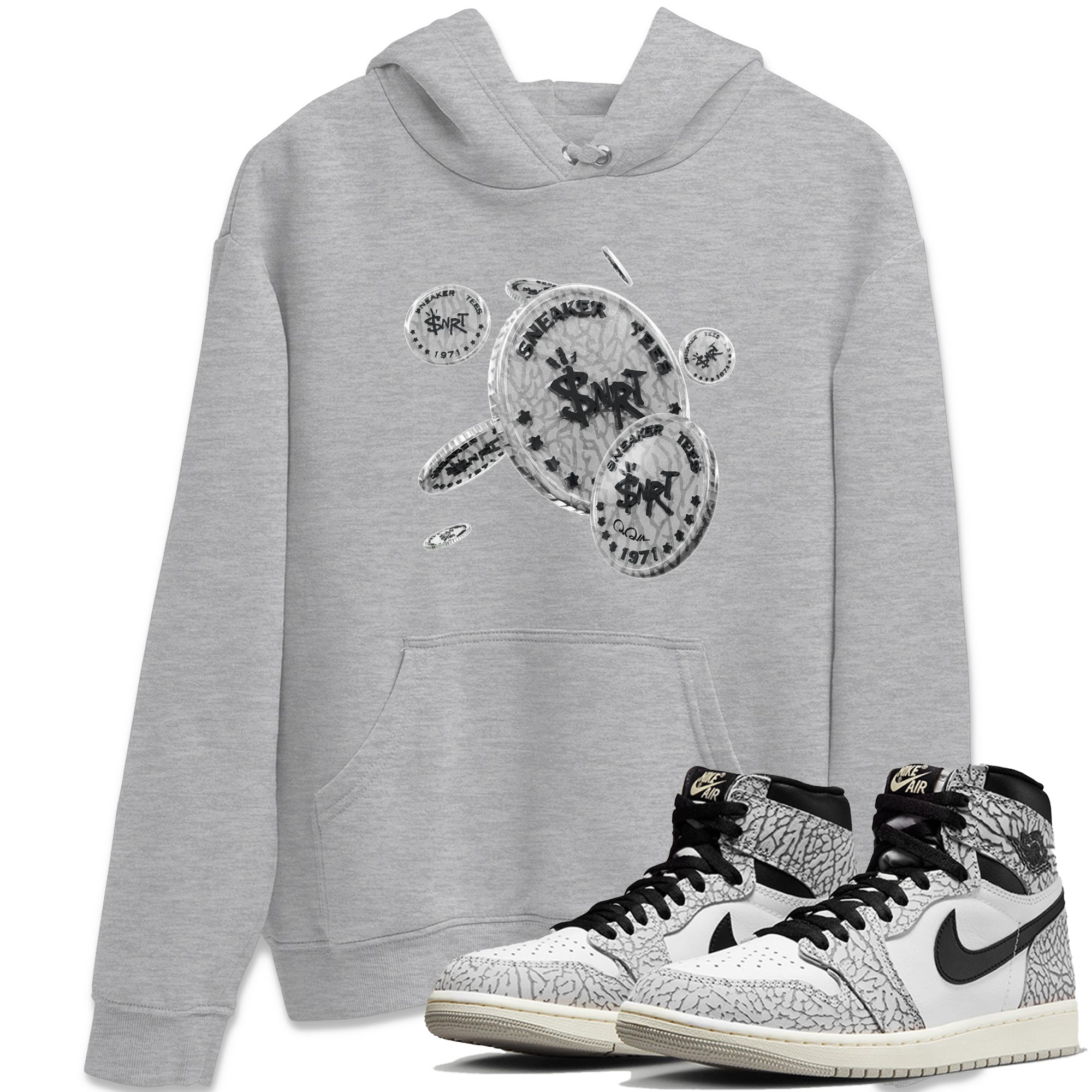 Air Jordan 1 White Cement Sneaker Match Tees Coin Drop Streetwear Sneaker Shirt Air Jordan 1 White Cement Sneaker Release Tees Unisex Shirts Heather Grey 1