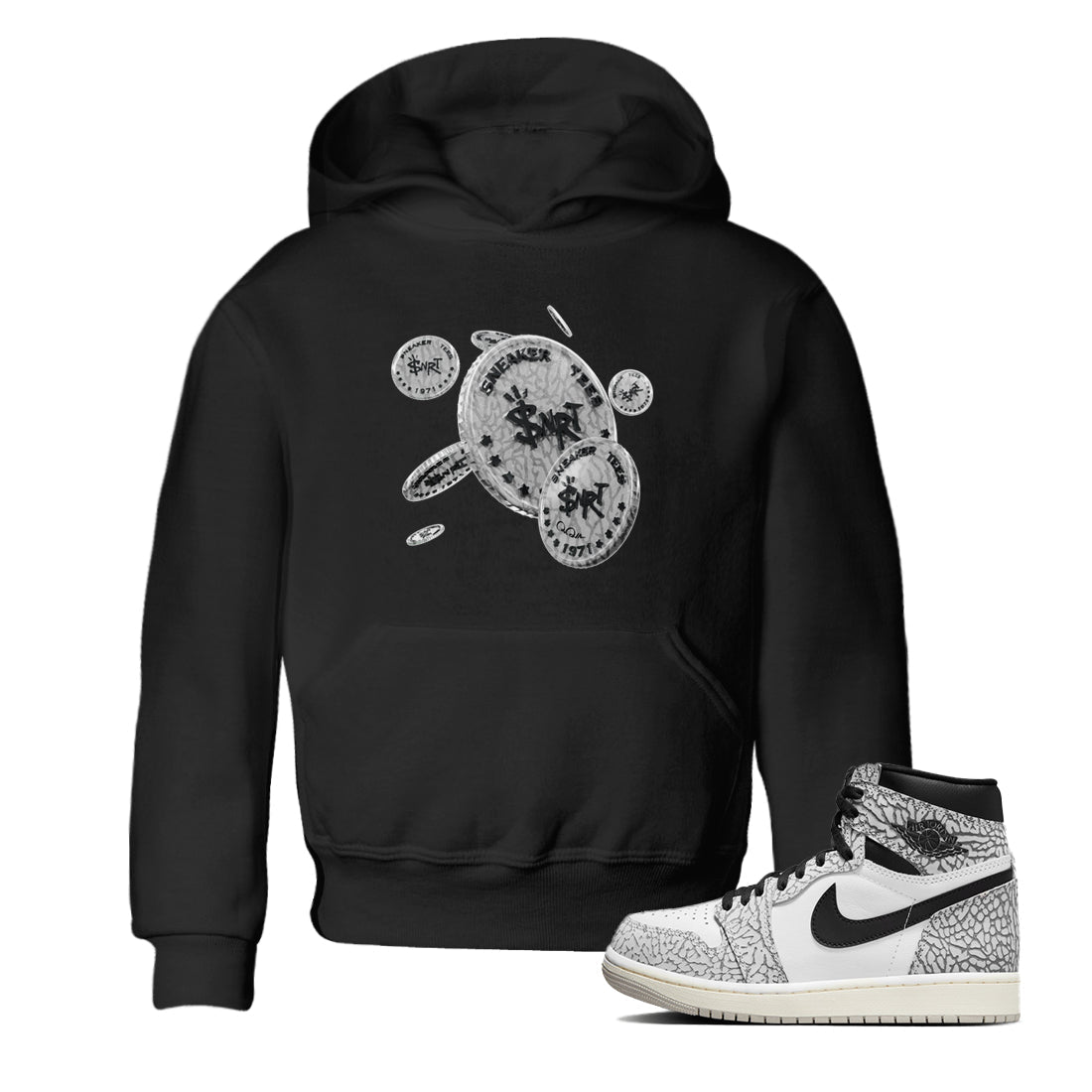 Air Jordan 1 White Cement Sneaker Match Tees Coin Drop Streetwear Sneaker Shirt Air Jordan 1 White Cement Sneaker Release Tees Kids Shirts Black 1