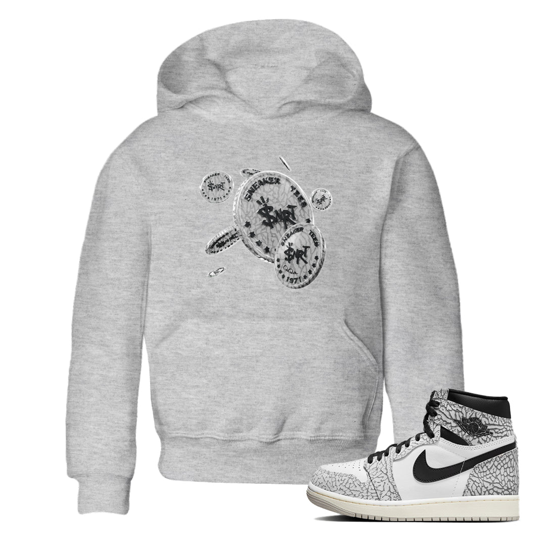 Air Jordan 1 White Cement Sneaker Match Tees Coin Drop Streetwear Sneaker Shirt Air Jordan 1 White Cement Sneaker Release Tees Kids Shirts Heather Grey 1