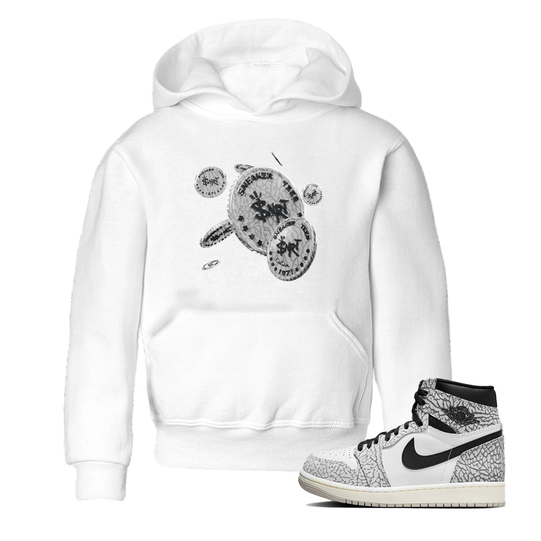 Air Jordan 1 White Cement Sneaker Match Tees Coin Drop Streetwear Sneaker Shirt Air Jordan 1 White Cement Sneaker Release Tees Kids Shirts White 1