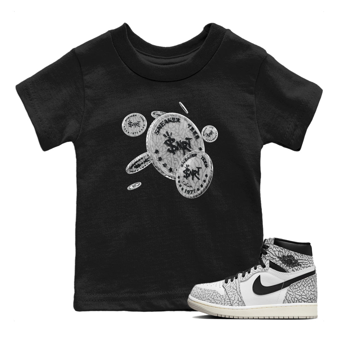 Air Jordan 1 White Cement Sneaker Match Tees Coin Drop Streetwear Sneaker Shirt Air Jordan 1 White Cement Sneaker Release Tees Kids Shirts Black 1