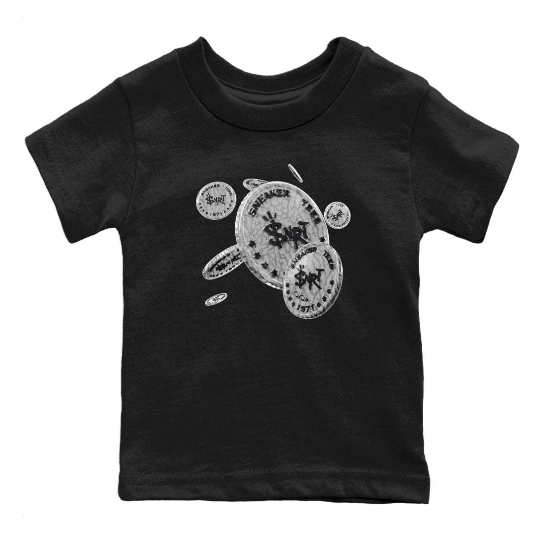 Air Jordan 1 White Cement Sneaker Match Tees Coin Drop Streetwear Sneaker Shirt Air Jordan 1 White Cement Sneaker Release Tees Kids Shirts Black 2