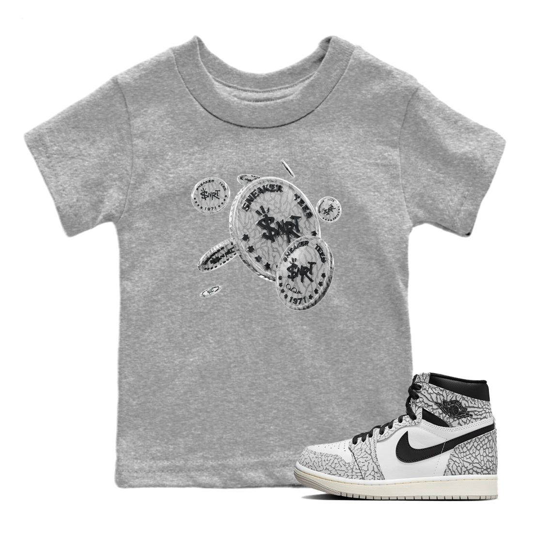 Air Jordan 1 White Cement Sneaker Match Tees Coin Drop Streetwear Sneaker Shirt Air Jordan 1 White Cement Sneaker Release Tees Kids Shirts Heather Grey 1