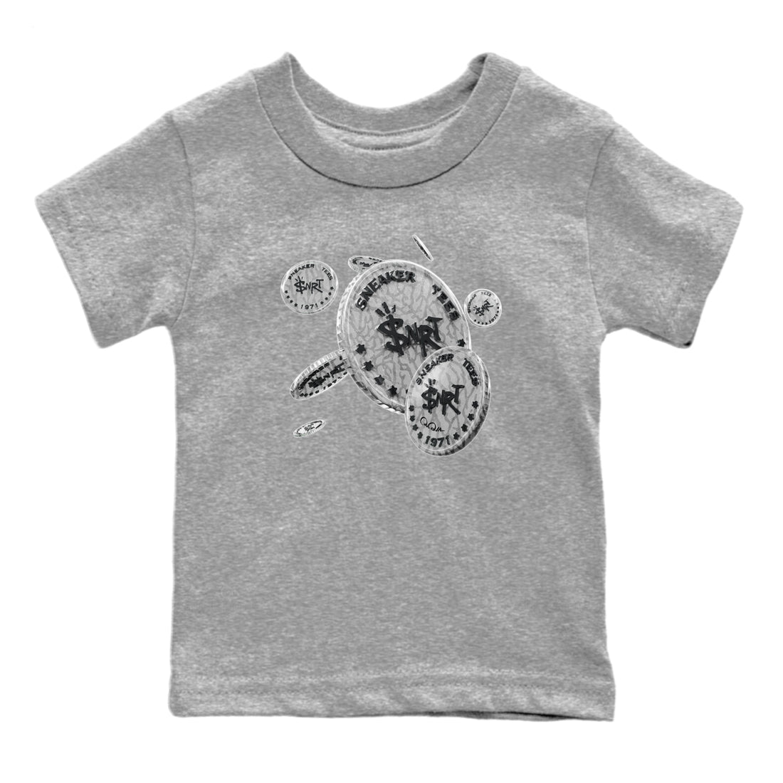 Air Jordan 1 White Cement Sneaker Match Tees Coin Drop Streetwear Sneaker Shirt Air Jordan 1 White Cement Sneaker Release Tees Kids Shirts Heather Grey 2