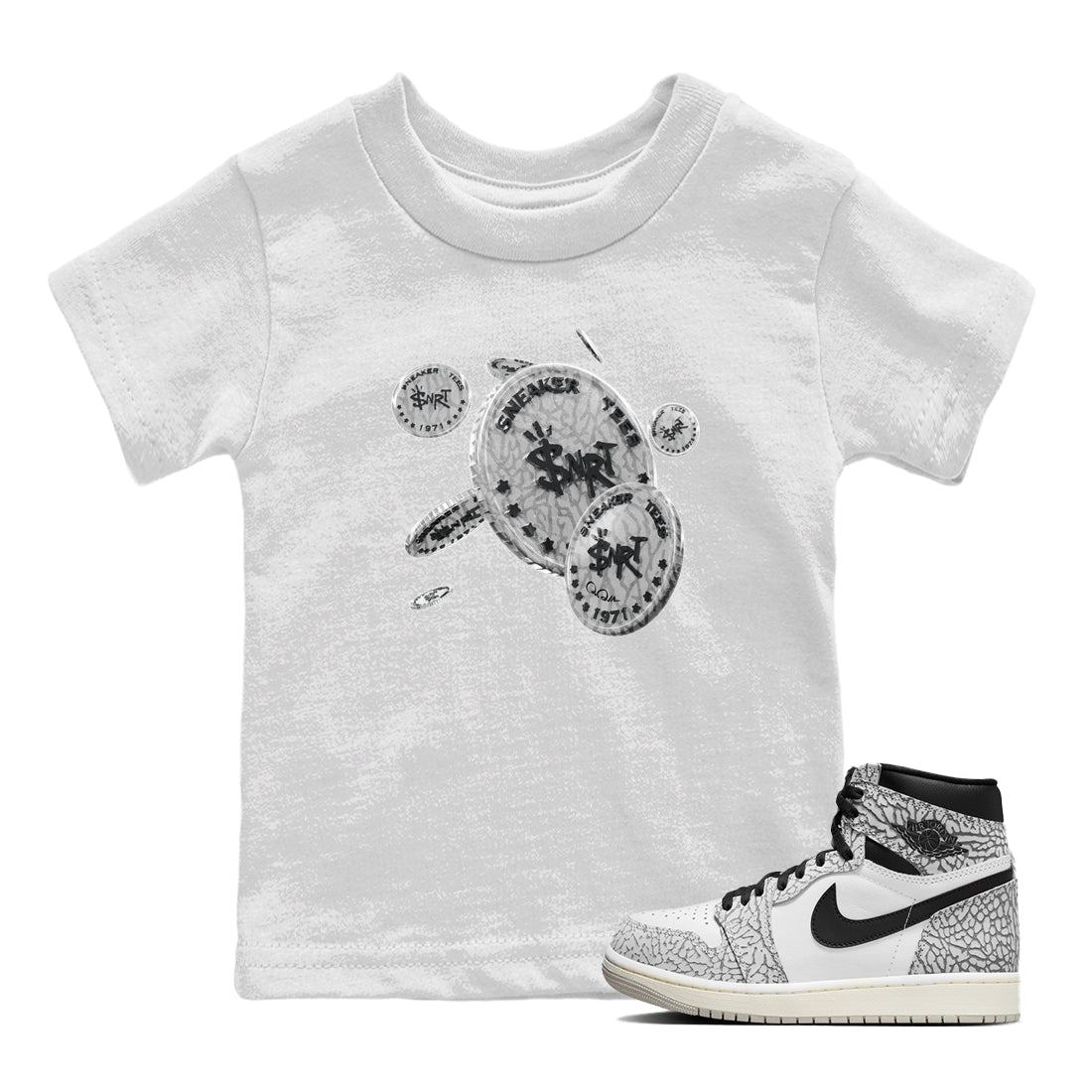 Air Jordan 1 White Cement Sneaker Match Tees Coin Drop Streetwear Sneaker Shirt Air Jordan 1 White Cement Sneaker Release Tees Kids Shirts White 1